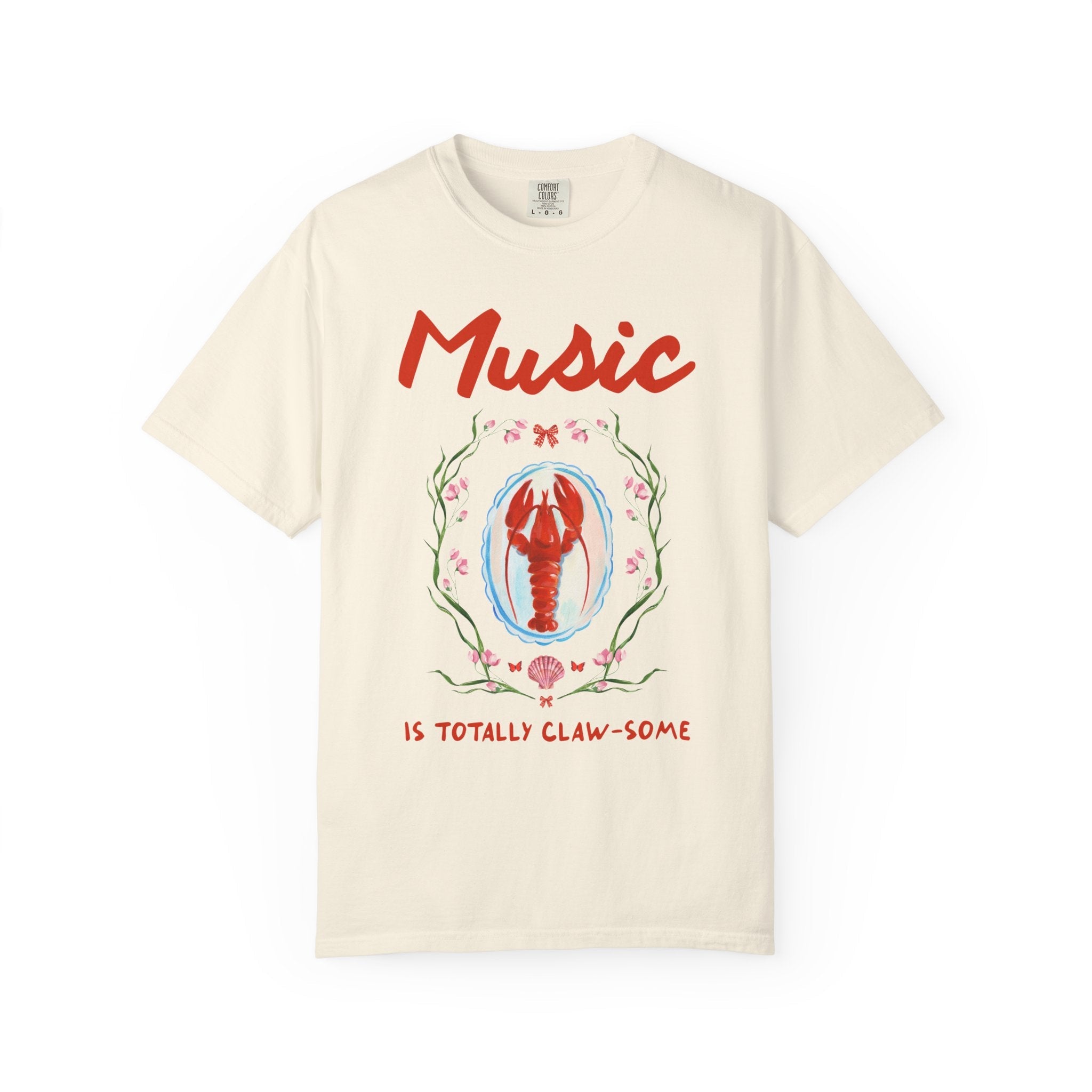 Music is Totally Clawsome: Lobster Teacher Tee Shirt with Flowers, Funny and Colorful Maximalist 90s Aesthetic Back to School T-Shirt - Opal and June