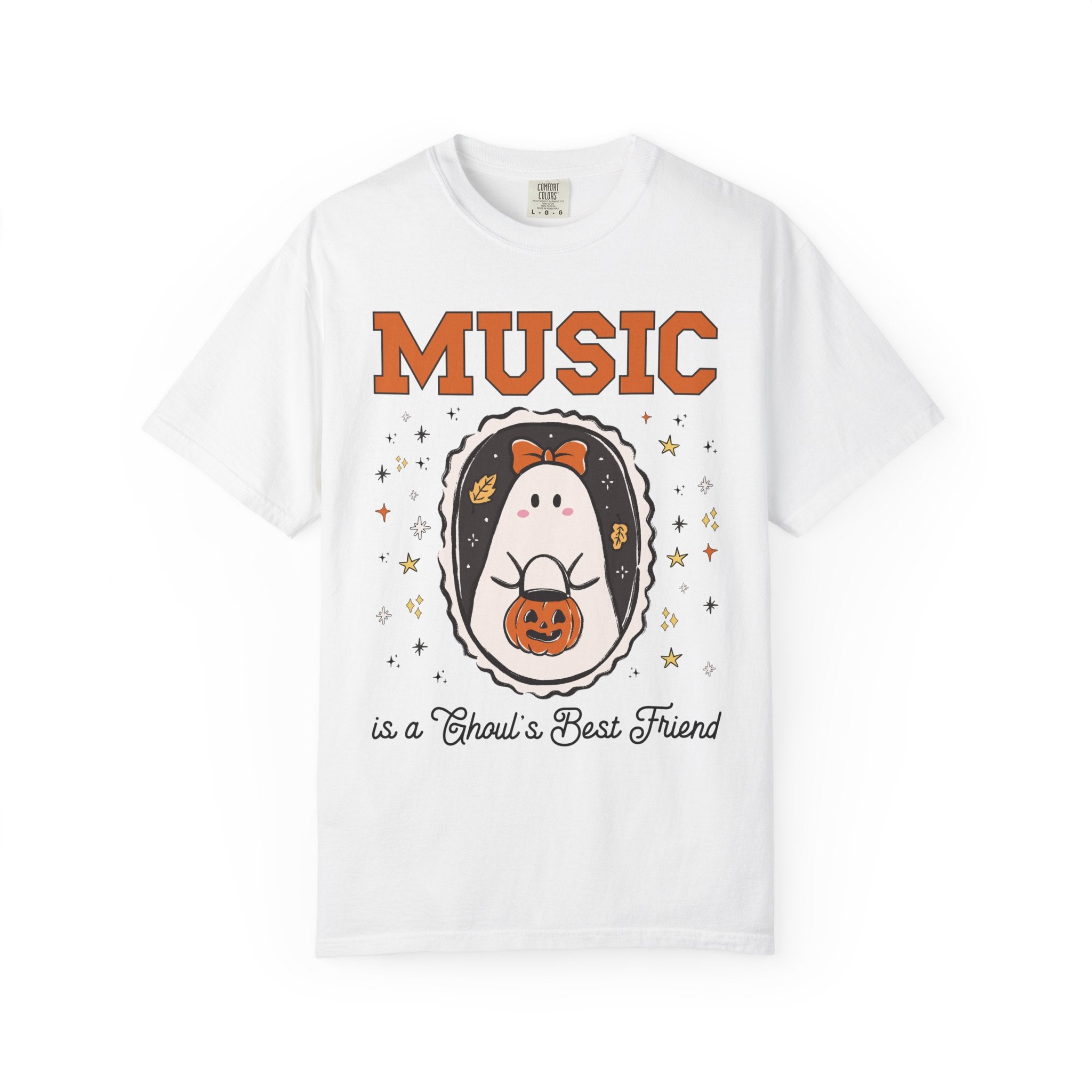 Music Teacher Halloween Tee Shirt with Cute Ghost Wearing a Bow, Funny Saying Music LoverT-Shirt with Stars, Halloween Band Director Gift - Opal and June