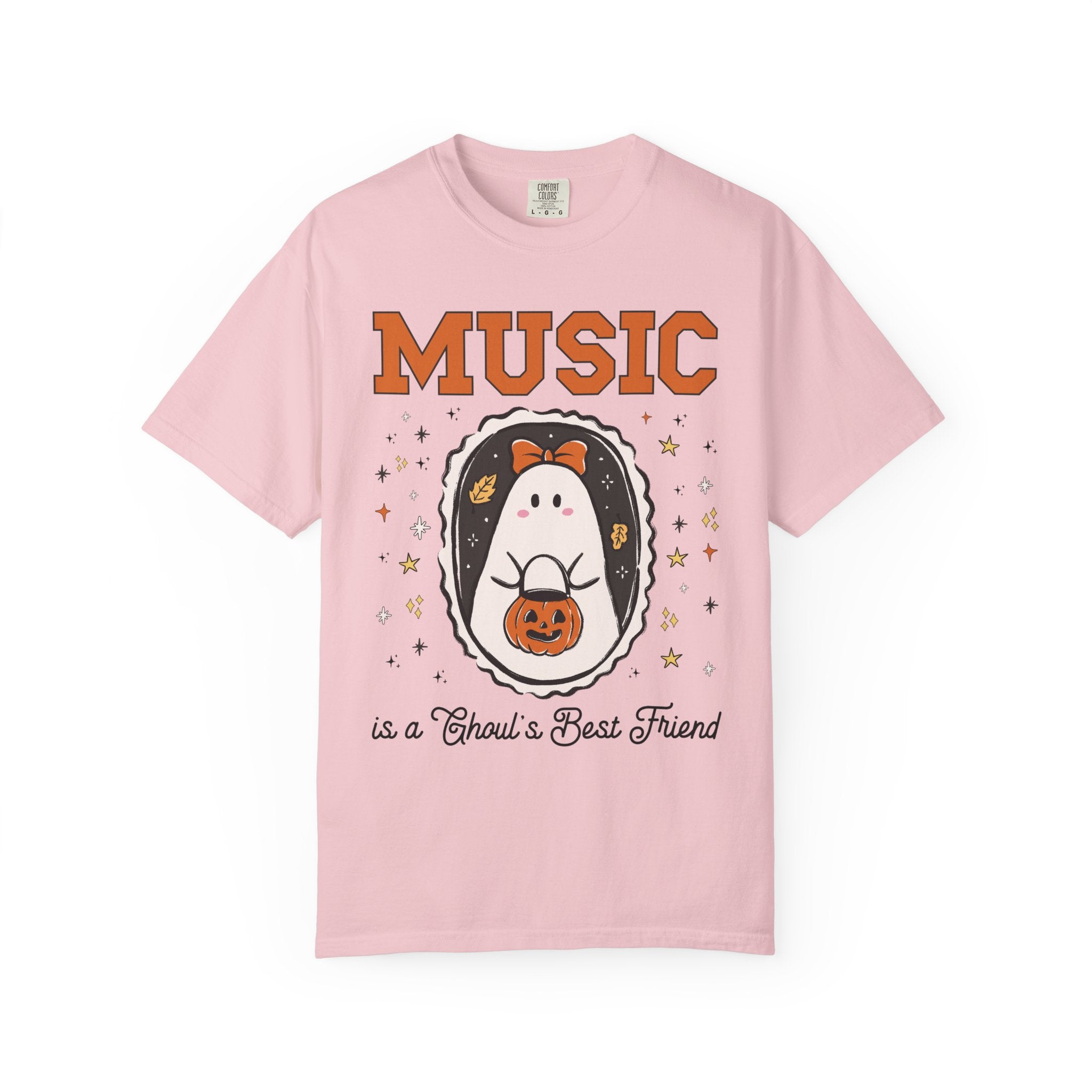 Music Teacher Halloween Tee Shirt with Cute Ghost Wearing a Bow, Funny Saying Music LoverT-Shirt with Stars, Halloween Band Director Gift - Opal and June