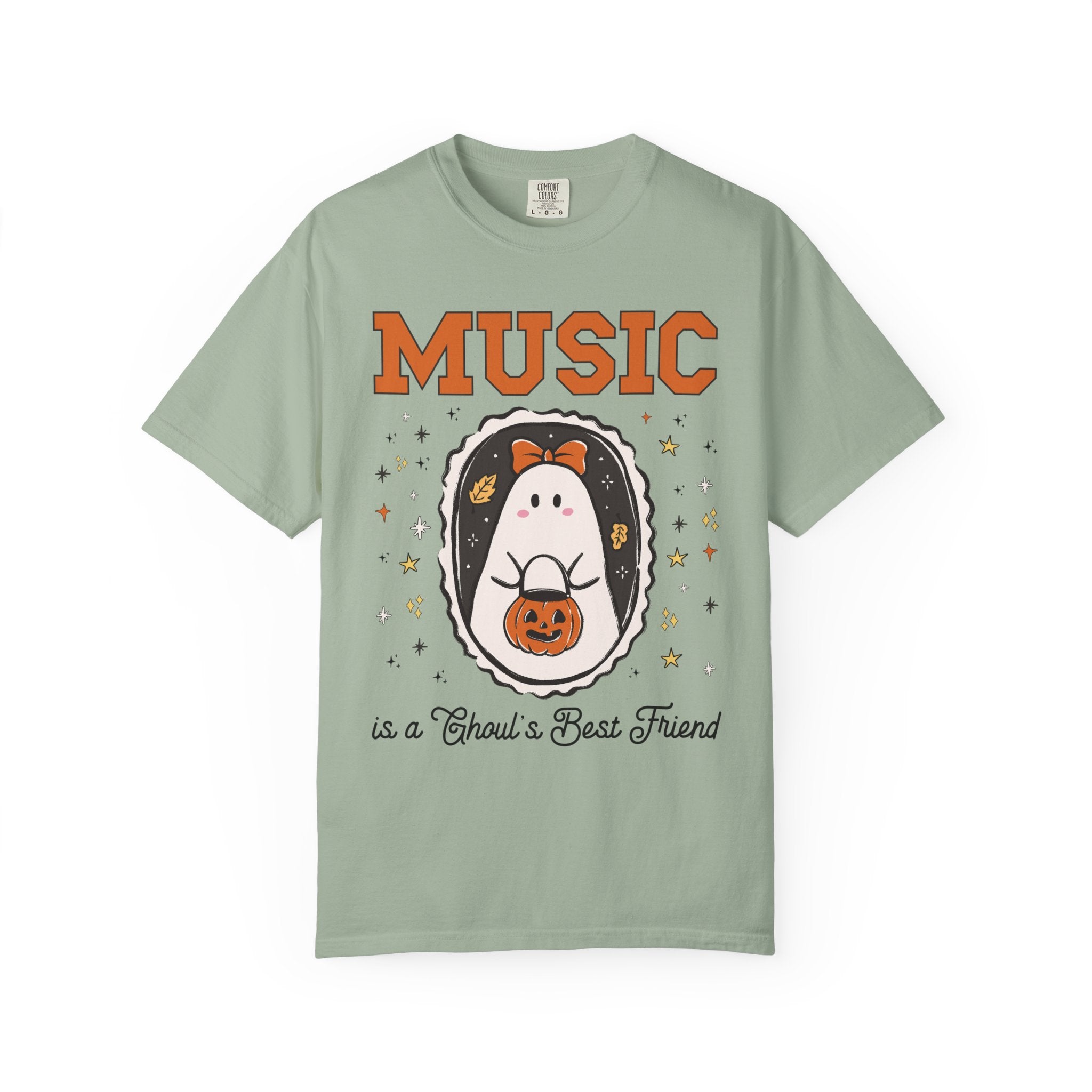 Music Teacher Halloween Tee Shirt with Cute Ghost Wearing a Bow, Funny Saying Music LoverT-Shirt with Stars, Halloween Band Director Gift - Opal and June