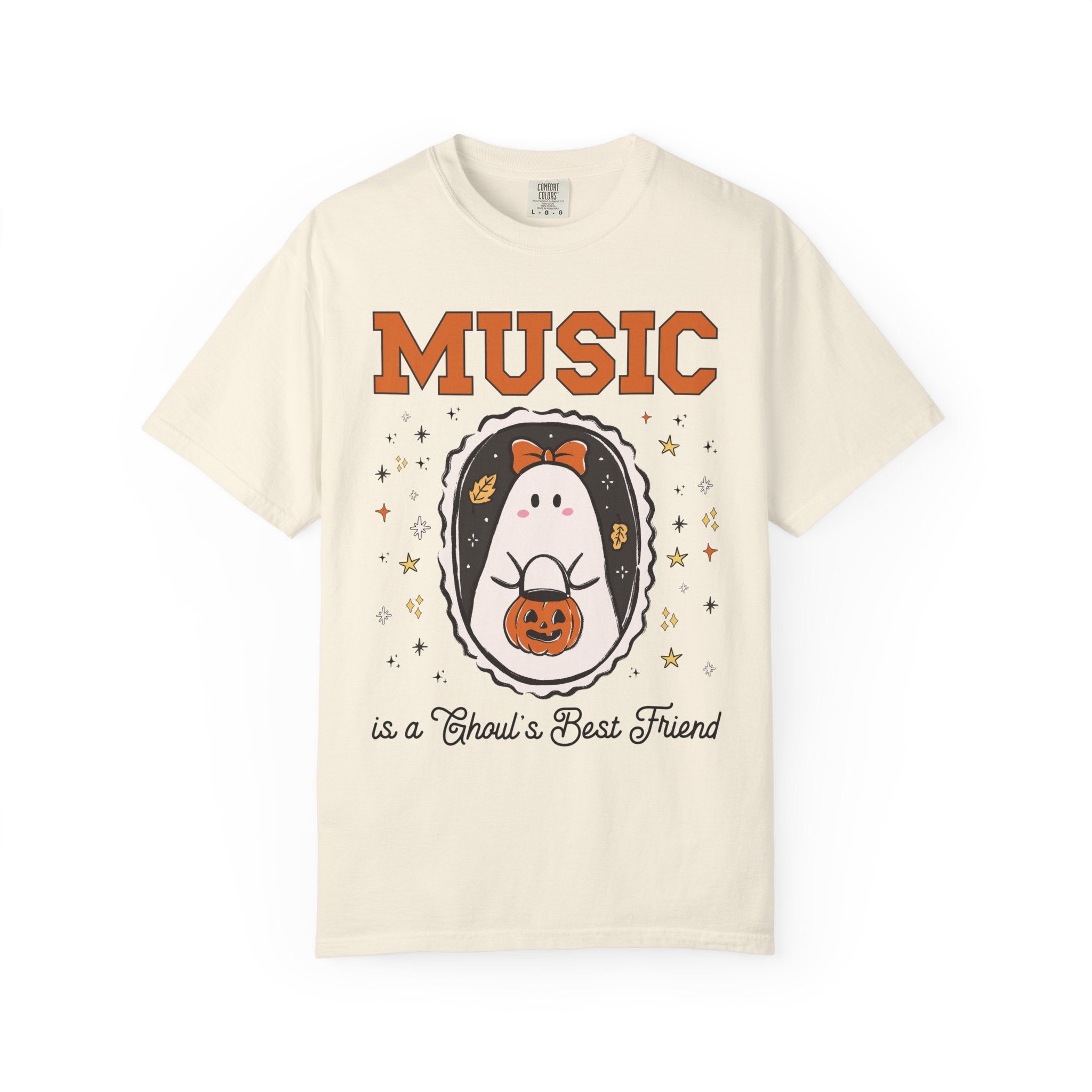 Music Teacher Halloween Tee Shirt with Cute Ghost Wearing a Bow, Funny Saying Music LoverT-Shirt with Stars, Halloween Band Director Gift - Opal and June