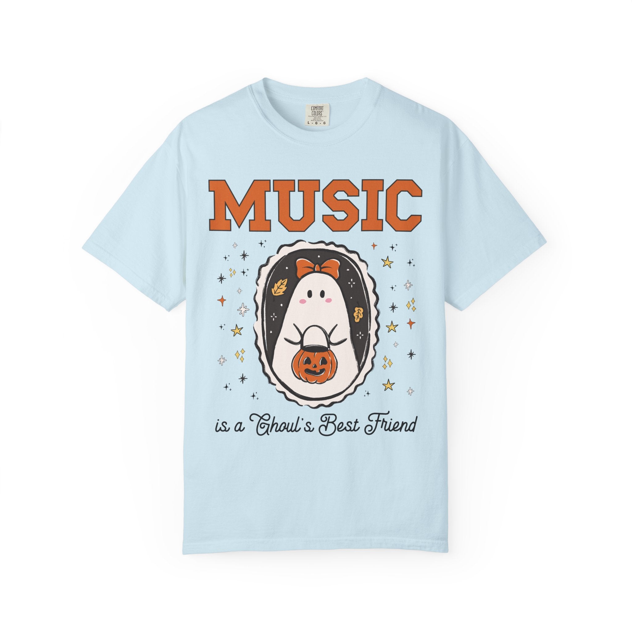 Music Teacher Halloween Tee Shirt with Stars, Cute Ghost Lover Halloween Tee for Music Department, Funny Band Director or Choir Director Tee - Opal and June