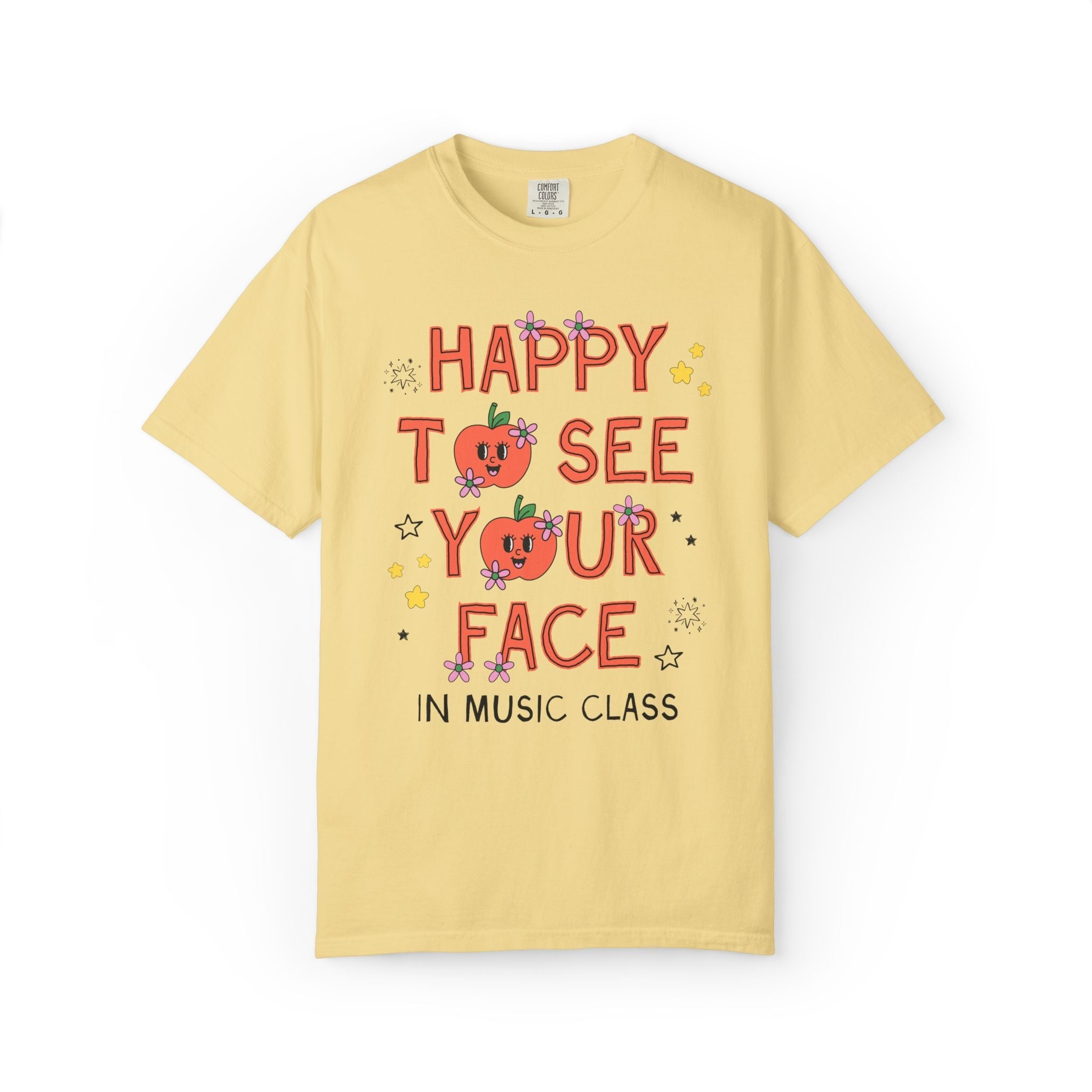Music Teacher Team Tee Shirt: Happy to See Your Face | Cute Back to School T-Shirt with Retro Apples and Flowers, First Day of School - Opal and June