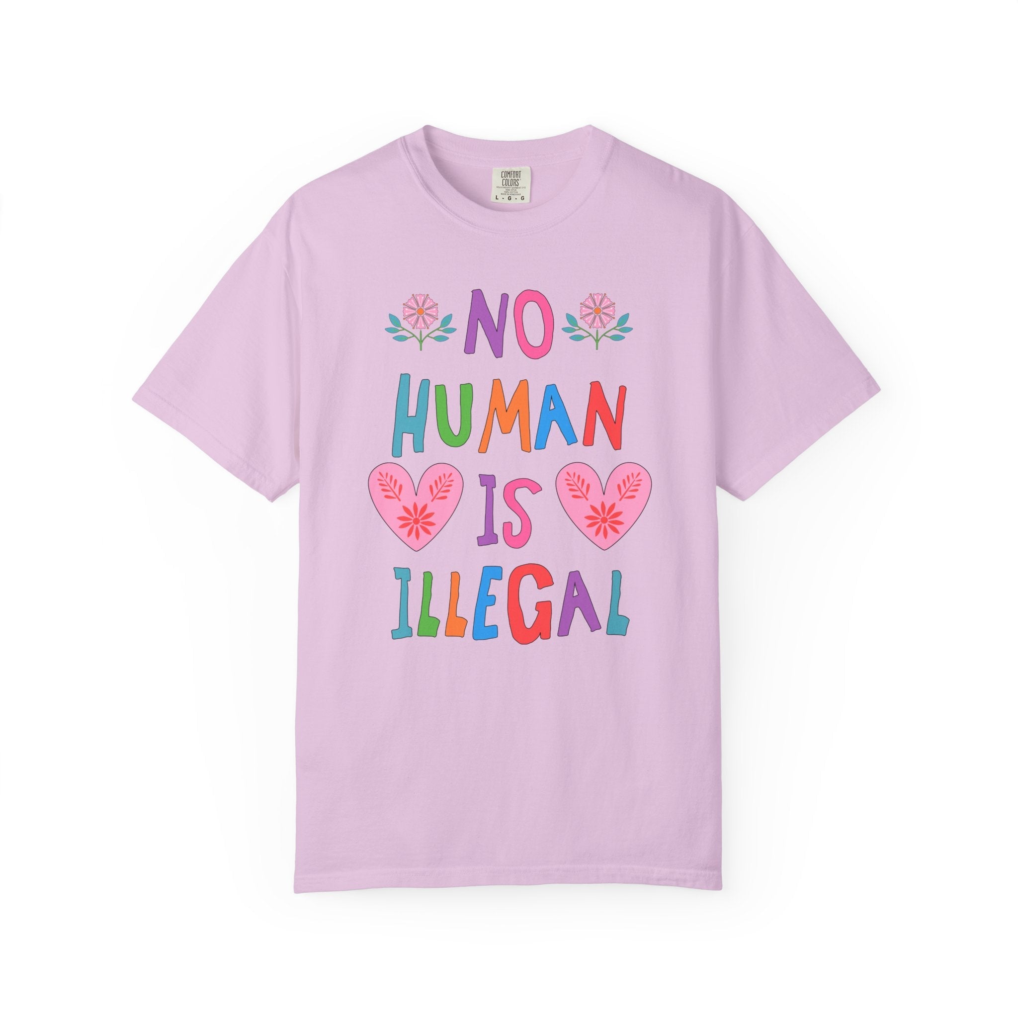 No Human is Illegal Abolish Ice T-Shirt with Hearts and Flowers, Cute Political Leftist T-Shirt, Human Rights, Colorful Equal Rights Tee - Opal and June
