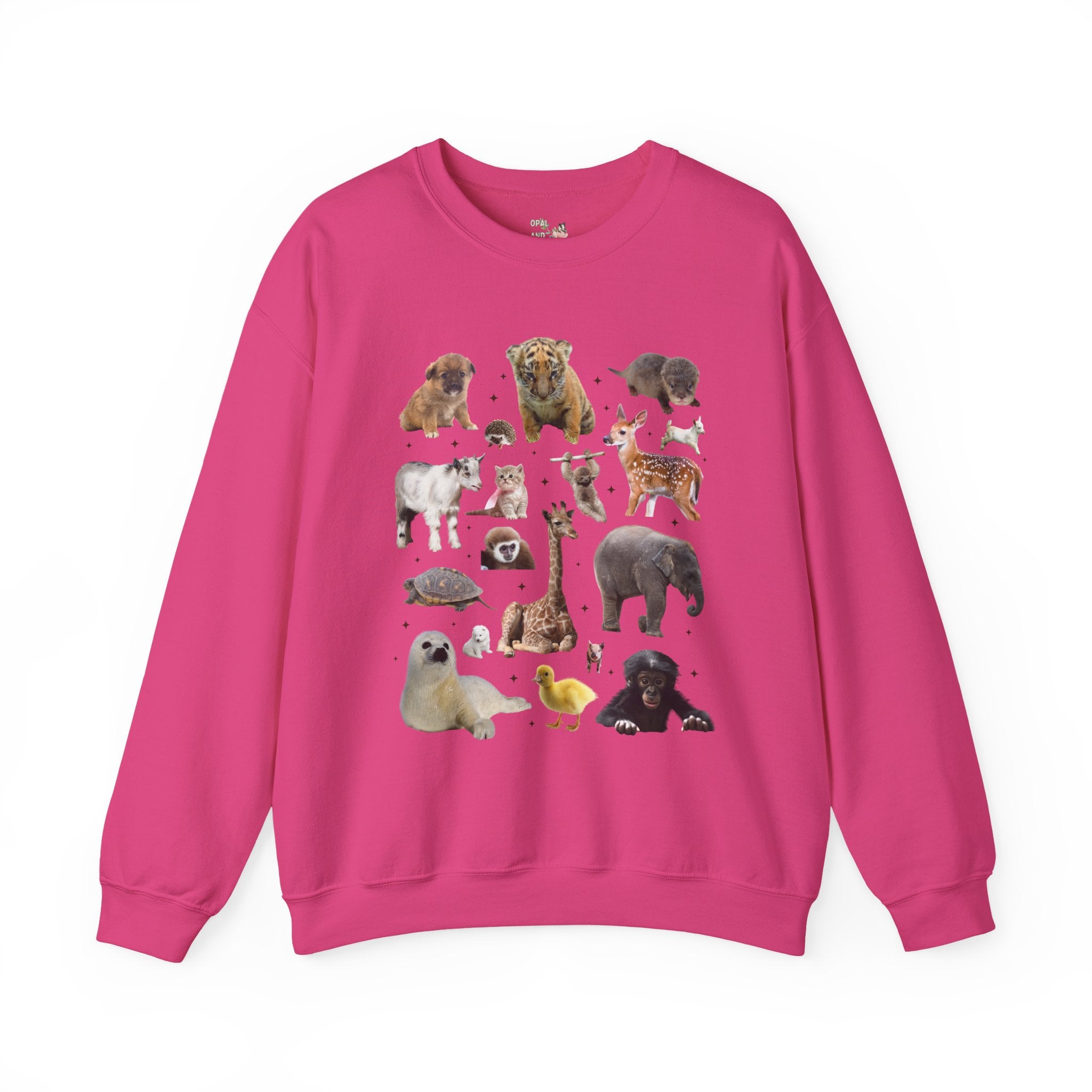 Nostalgic Baby Animal Sweatshirt for Animal Lover: Cute Colorful Maximalist 90s Aesthetic Crewneck with Elephant and Giraffe, Turtle and Duck - Opal and June