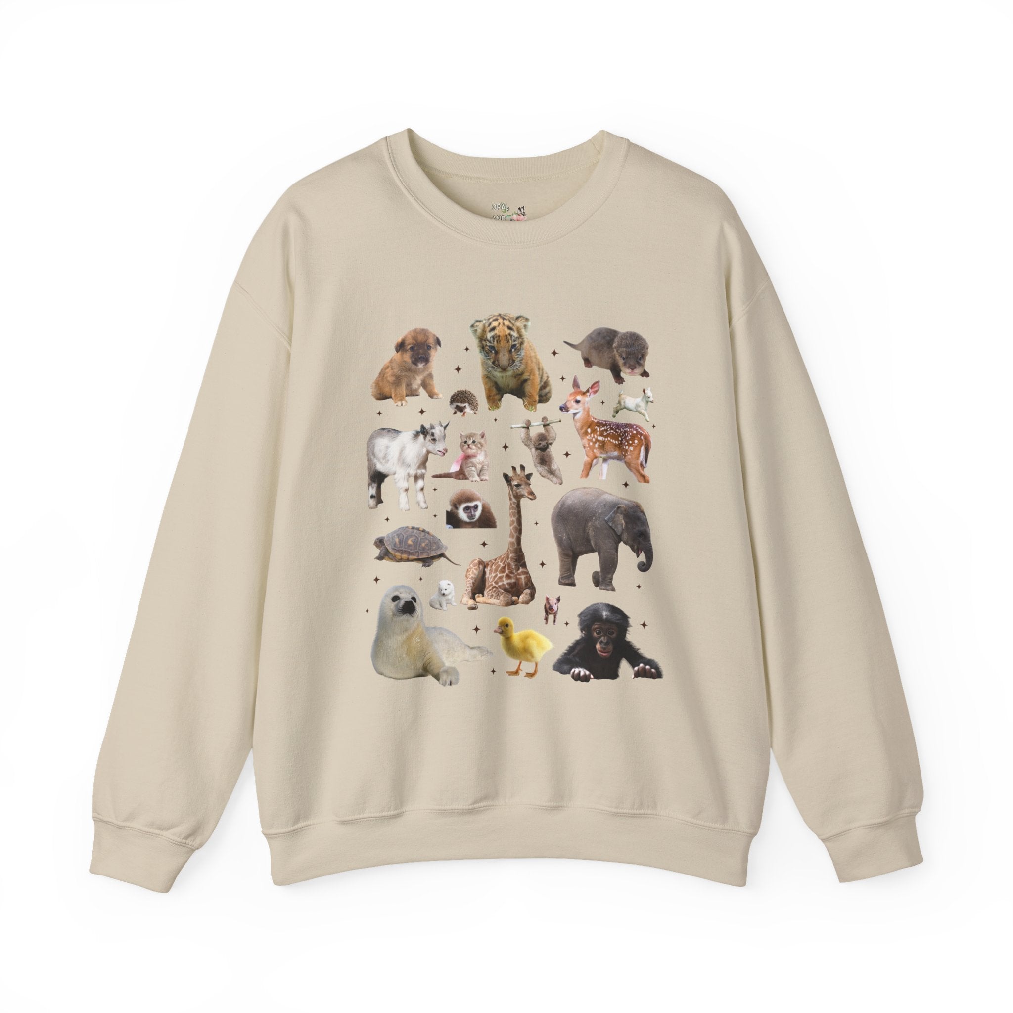 Nostalgic Baby Animal Sweatshirt for Animal Lover: Cute Colorful Maximalist 90s Aesthetic Crewneck with Elephant and Giraffe, Turtle and Duck - Opal and June