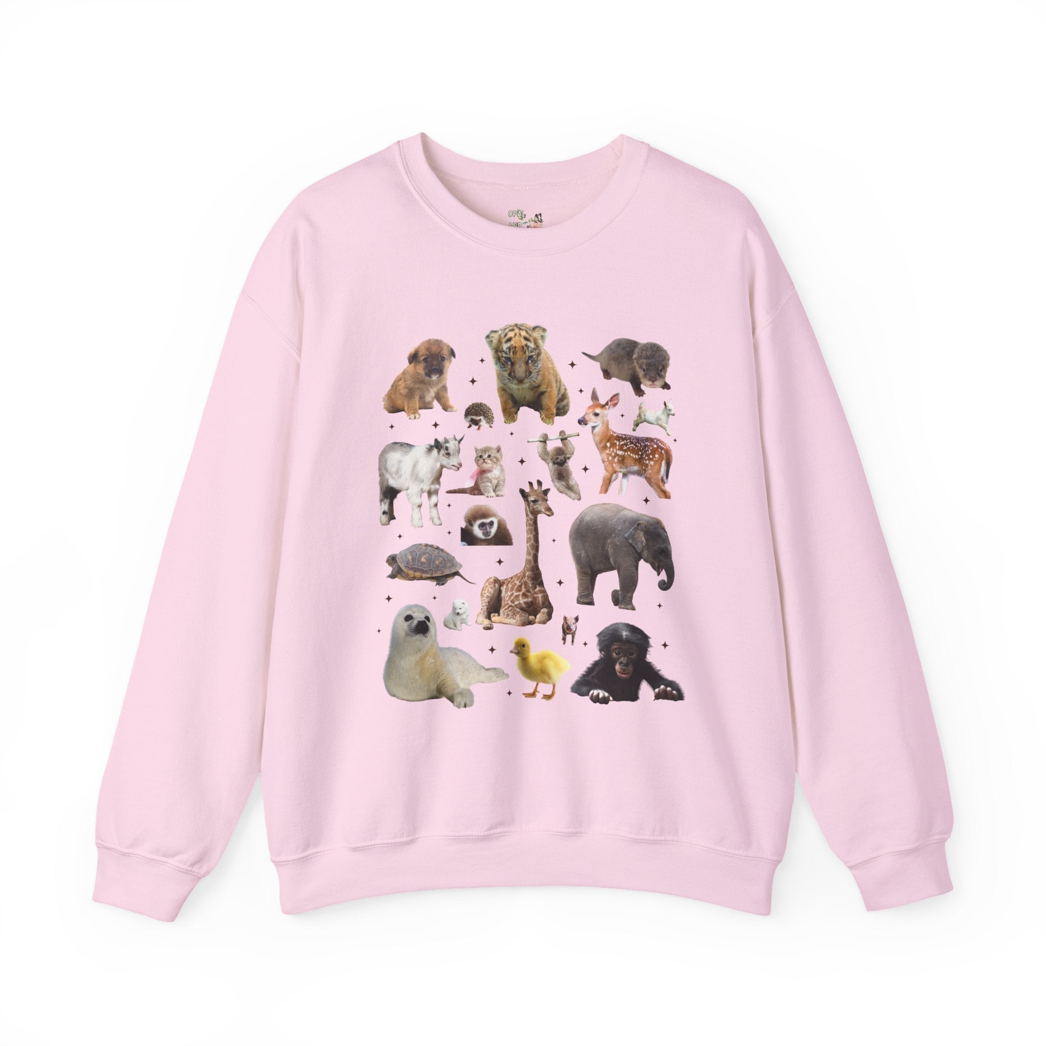 Nostalgic Baby Animal Sweatshirt for Animal Lover: Cute Colorful Maximalist 90s Aesthetic Crewneck with Elephant and Giraffe, Turtle and Duck - Opal and June
