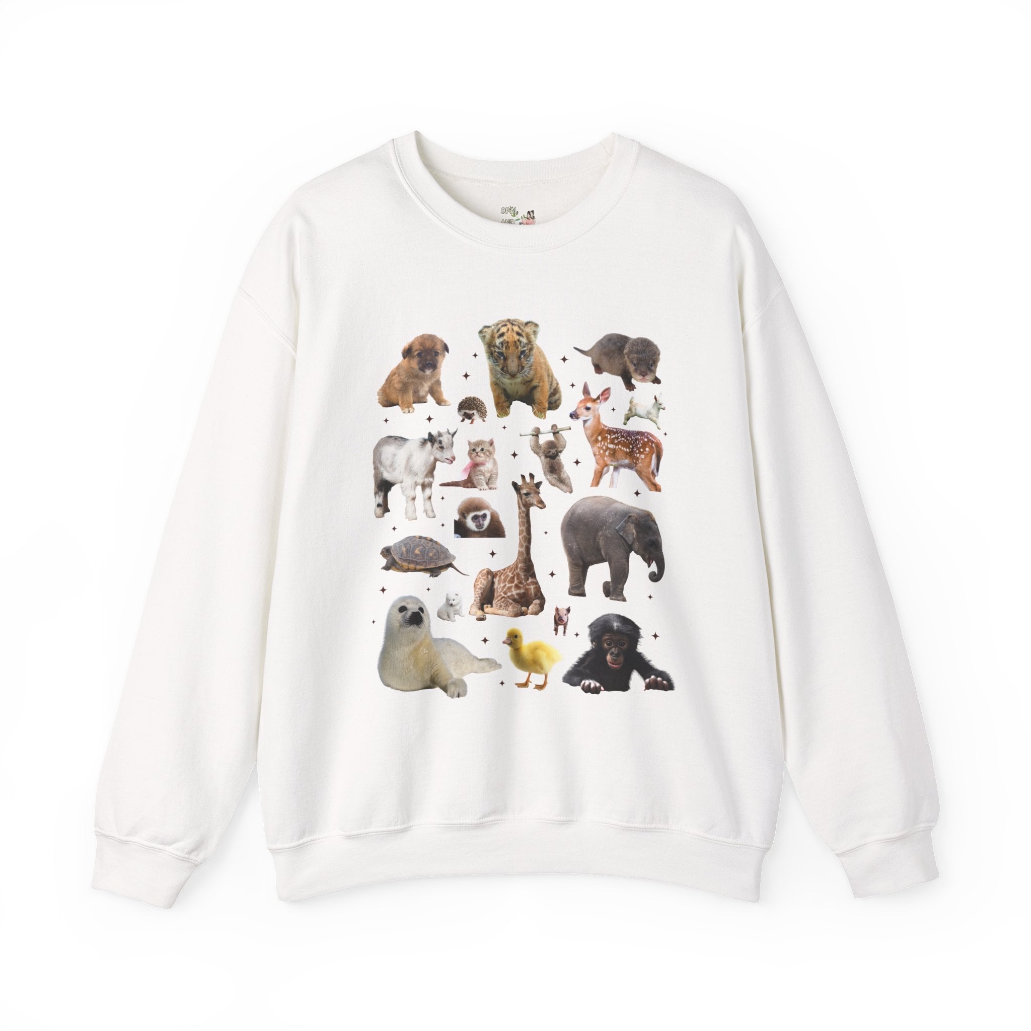 Nostalgic Baby Animal Sweatshirt for Animal Lover: Cute Colorful Maximalist 90s Aesthetic Crewneck with Elephant and Giraffe, Turtle and Duck - Opal and June
