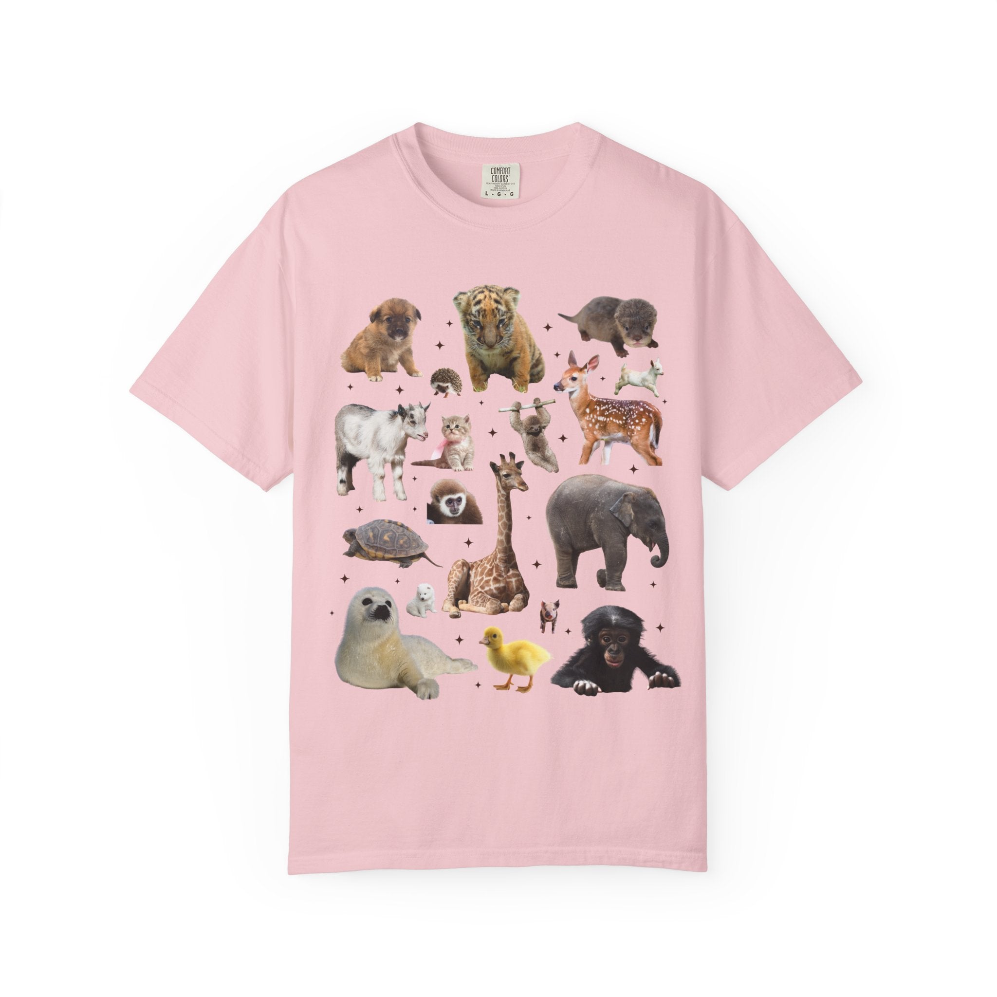 Nostalgic Baby Animal Tee Shirt for Animal Lover: Cute Colorful Maximalist 90s Aesthetic T-Shirt with Elephant and Giraffe, Turtle and Duck - Opal and June