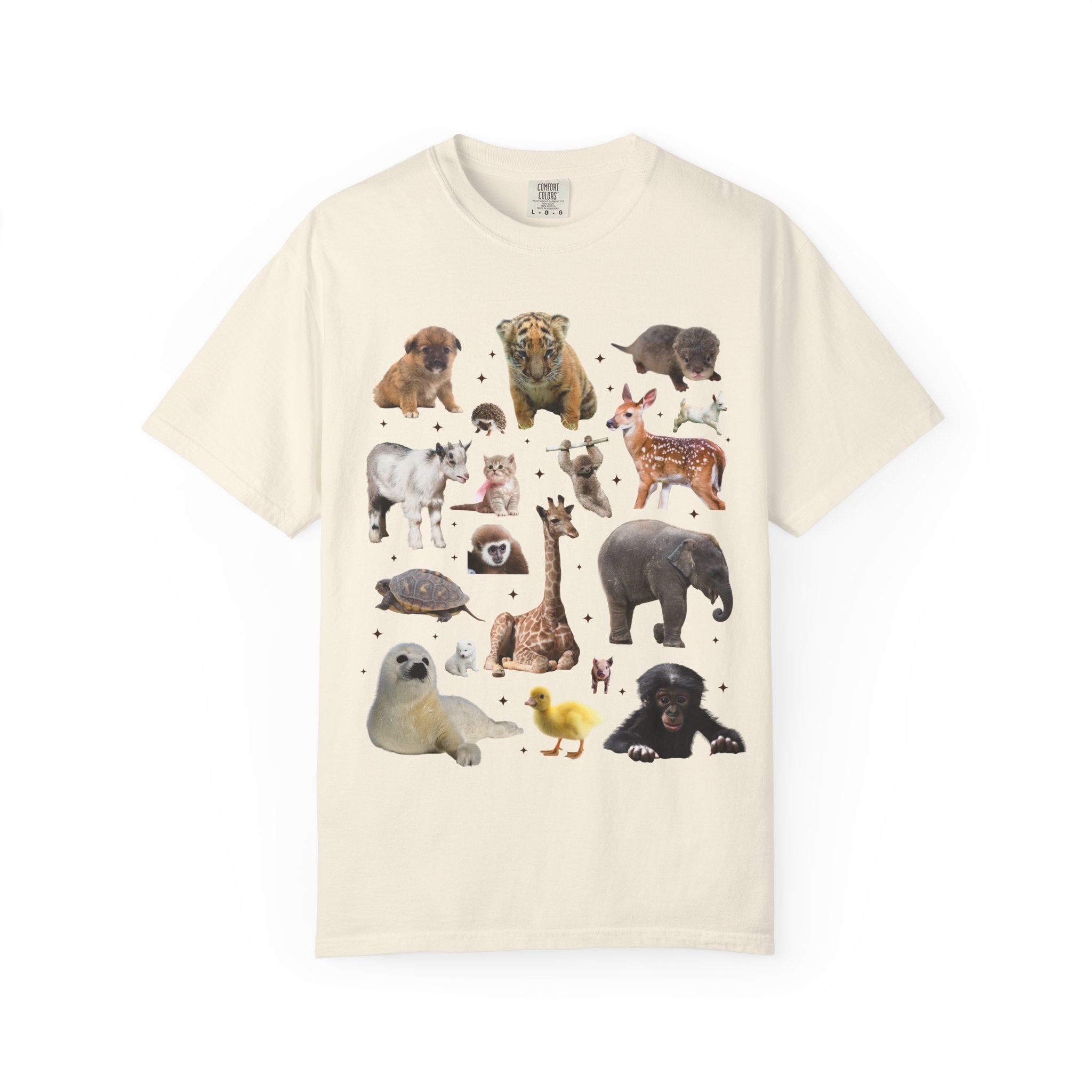 Nostalgic Baby Animal Tee Shirt for Animal Lover: Cute Colorful Maximalist 90s Aesthetic T-Shirt with Elephant and Giraffe, Turtle and Duck - Opal and June