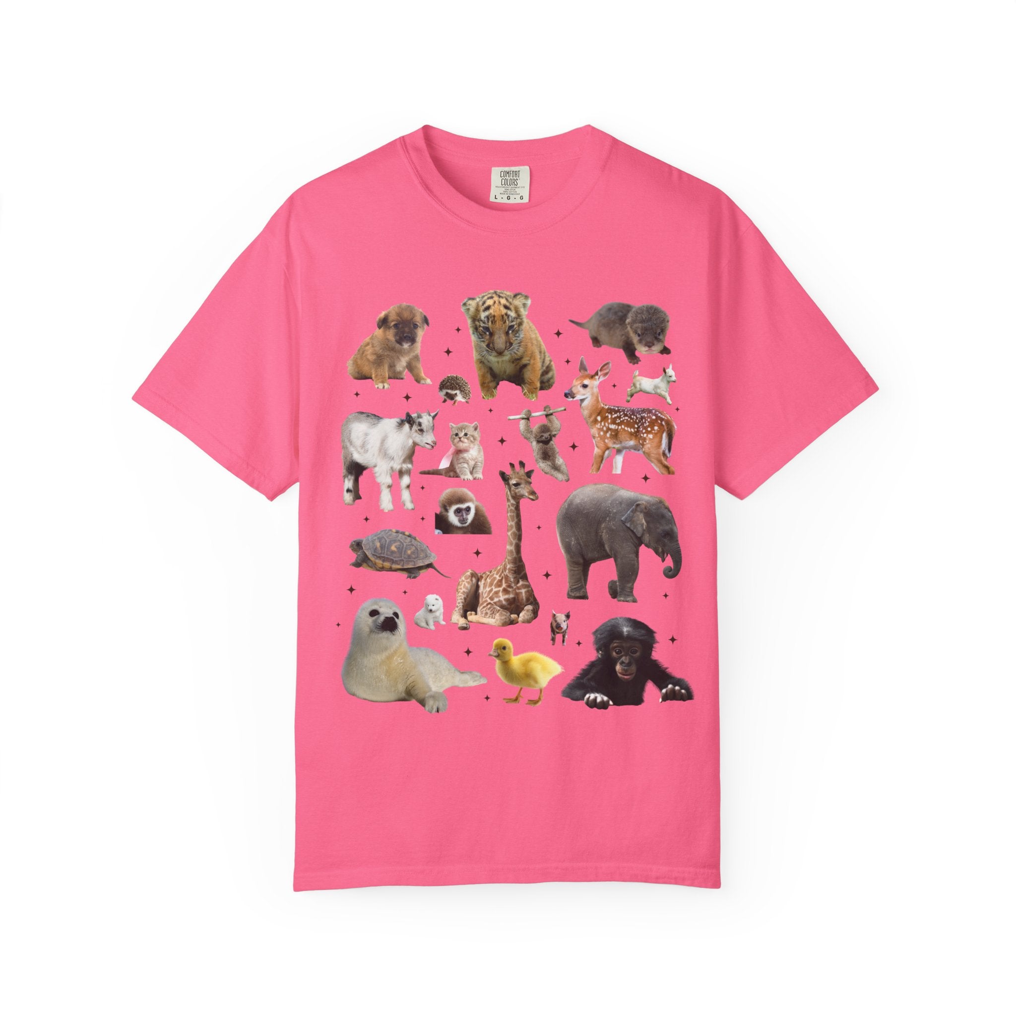 Nostalgic Baby Animal Tee Shirt for Animal Lover: Cute Colorful Maximalist 90s Aesthetic T-Shirt with Elephant and Giraffe, Turtle and Duck - Opal and June