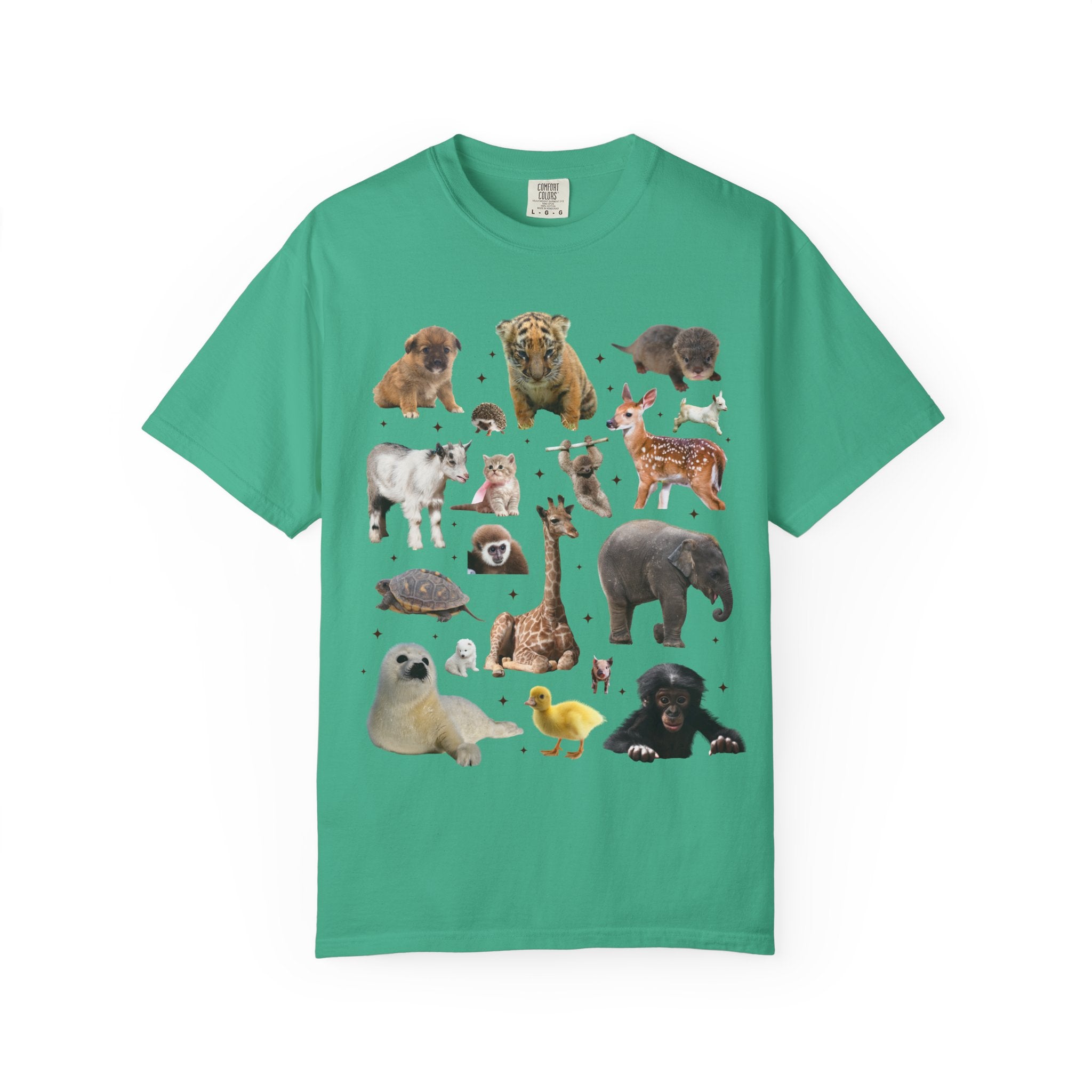 Nostalgic Baby Animal Tee Shirt for Animal Lover: Cute Colorful Maximalist 90s Aesthetic T-Shirt with Elephant and Giraffe, Turtle and Duck - Opal and June