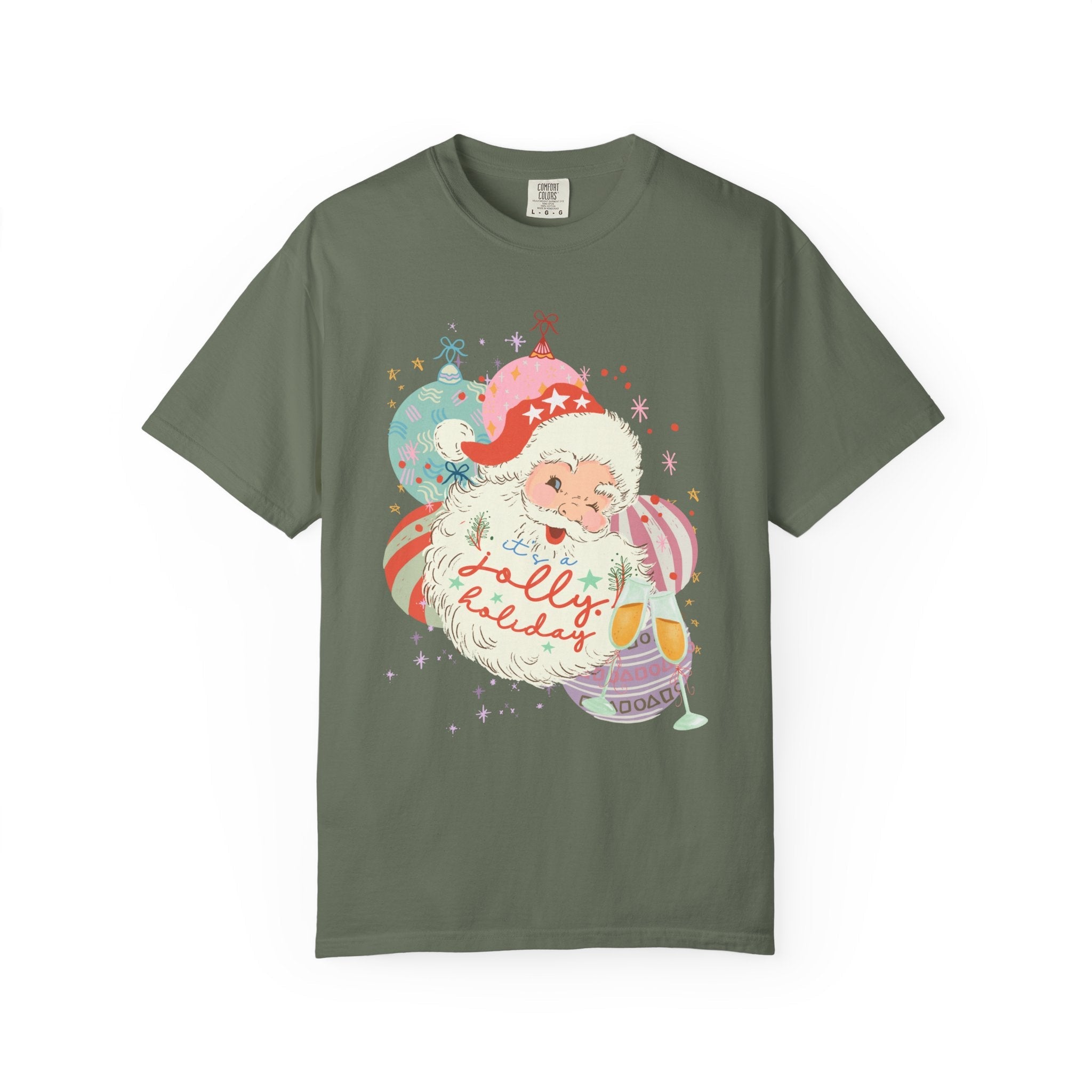 Nostalgic Santa Tee Shirt with Ornament and Retro Champagne Glasses: Jolly Holiday | Funny Vintage Aesthetic Christmas Tee for Xmas Party - Opal and June