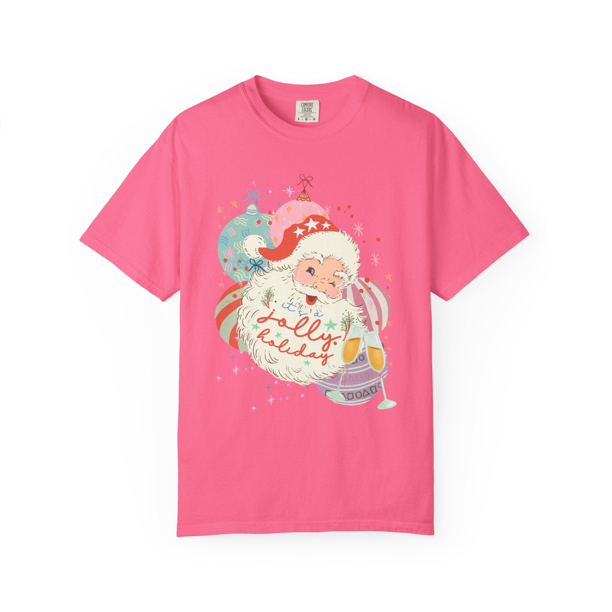 Nostalgic Santa Tee Shirt with Ornament and Retro Champagne Glasses: Jolly Holiday | Funny Vintage Aesthetic Christmas Tee for Xmas Party - Opal and June