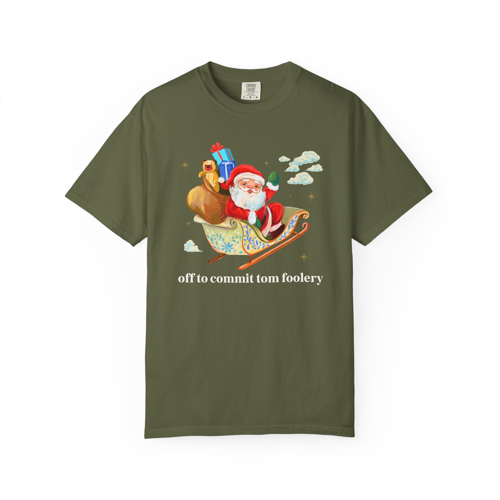 Off to Commit Tomfoolery Silly and Nostalgic Christmas Tee Shirt with Santa Waving From His Sleigh, Funny Saying Matching Tee Shirt for Xmas - Opal and June