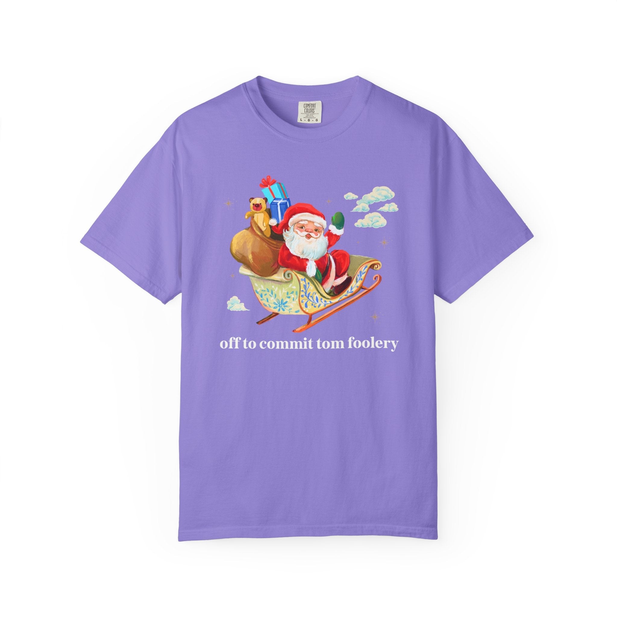 Off to Commit Tomfoolery Silly and Nostalgic Christmas Tee Shirt with Santa Waving From His Sleigh, Funny Saying Matching Tee Shirt for Xmas - Opal and June