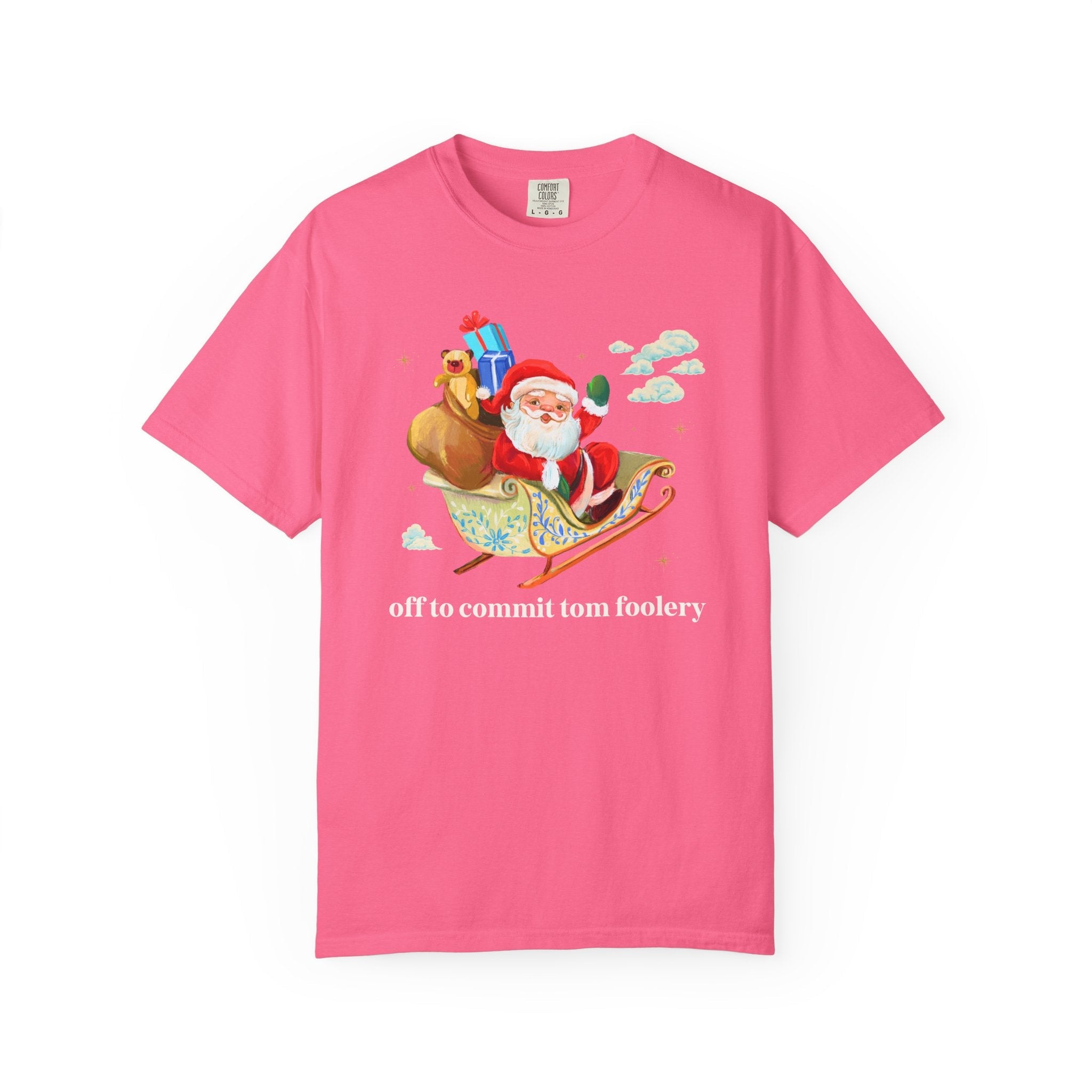 Off to Commit Tomfoolery Silly and Nostalgic Christmas Tee Shirt with Santa Waving From His Sleigh, Funny Saying Matching Tee Shirt for Xmas - Opal and June