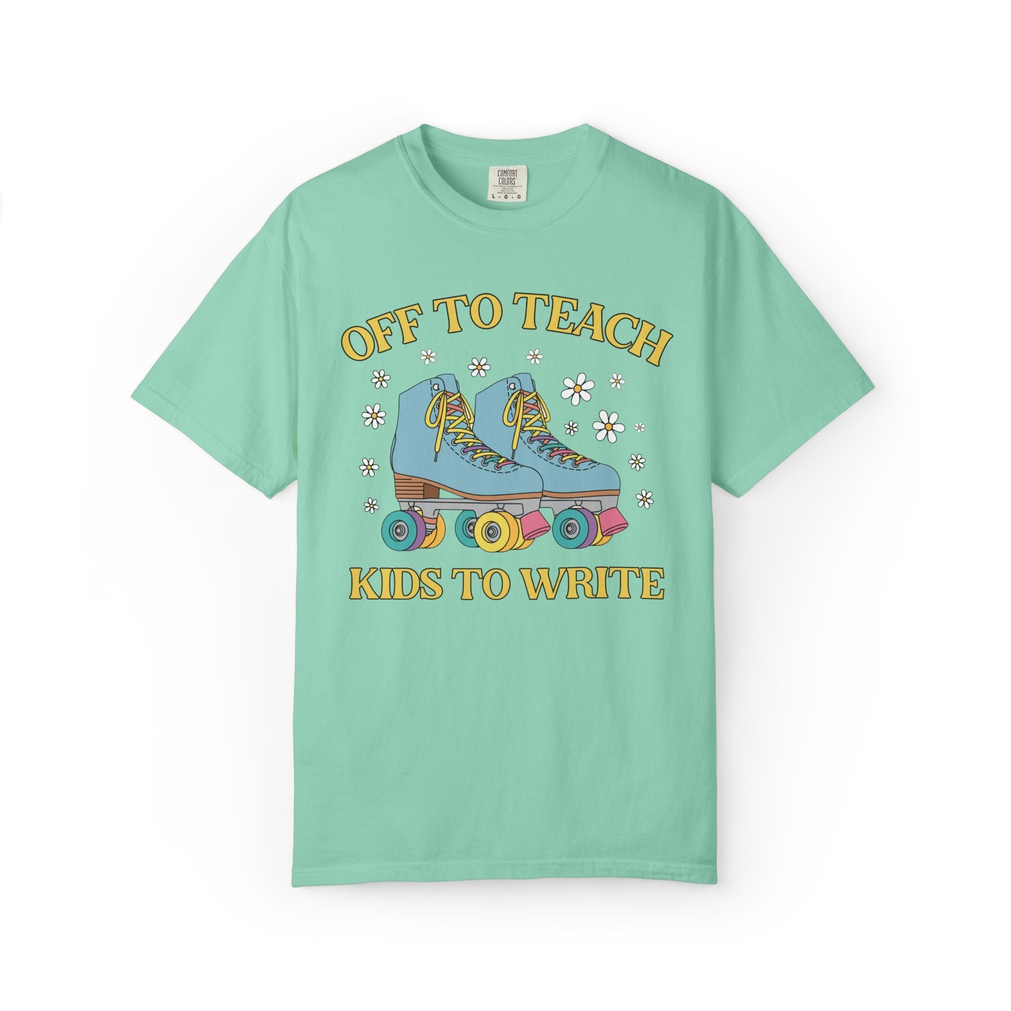 Off to Teach Rollerskating Teacher Tee Shirt with Groovy Flowers: Cute Nostalgic Matching Teacher Tee for Back to School, New Teacher Gift - Opal and June
