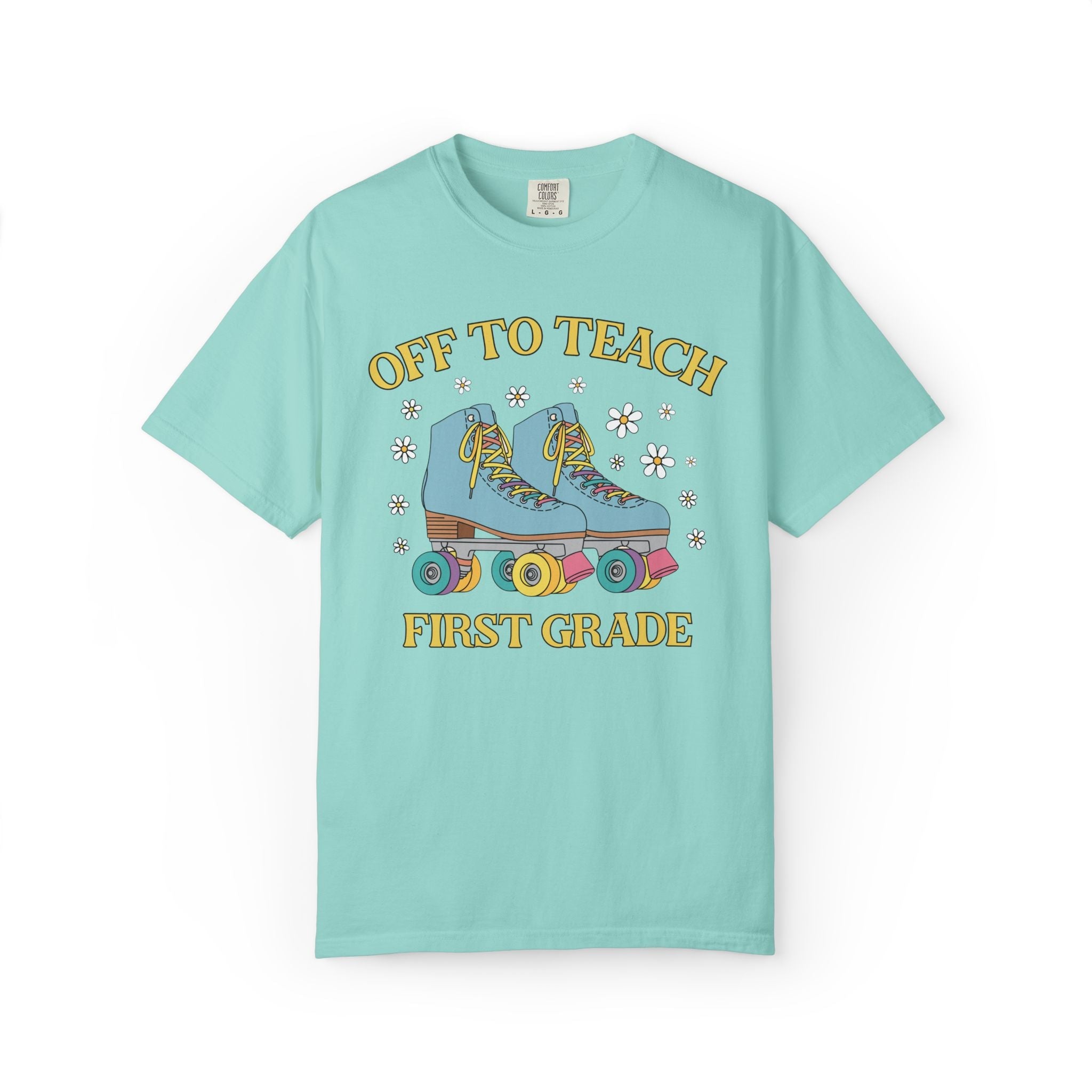 Off to Teach Rollerskating Teacher Tee Shirt with Groovy Flowers: Cute Nostalgic Matching Teacher Tee for Back to School, New Teacher Gift - Opal and June