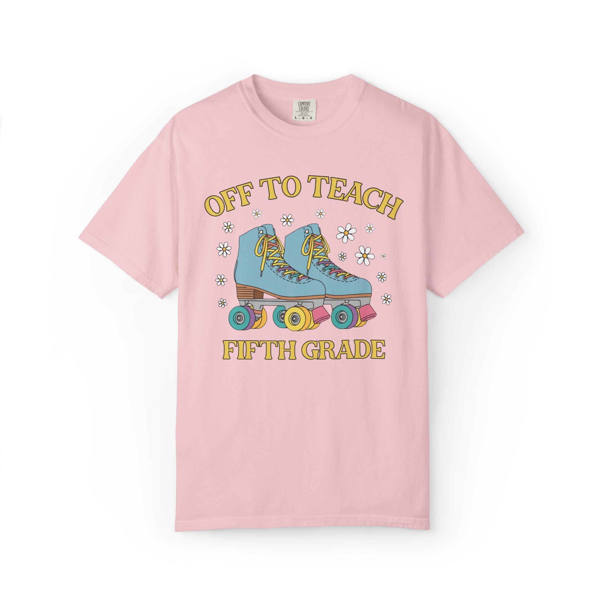 Off to Teach Rollerskating Teacher Tee Shirt with Groovy Flowers: Cute Nostalgic Matching Teacher Tee for Back to School, New Teacher Gift - Opal and June