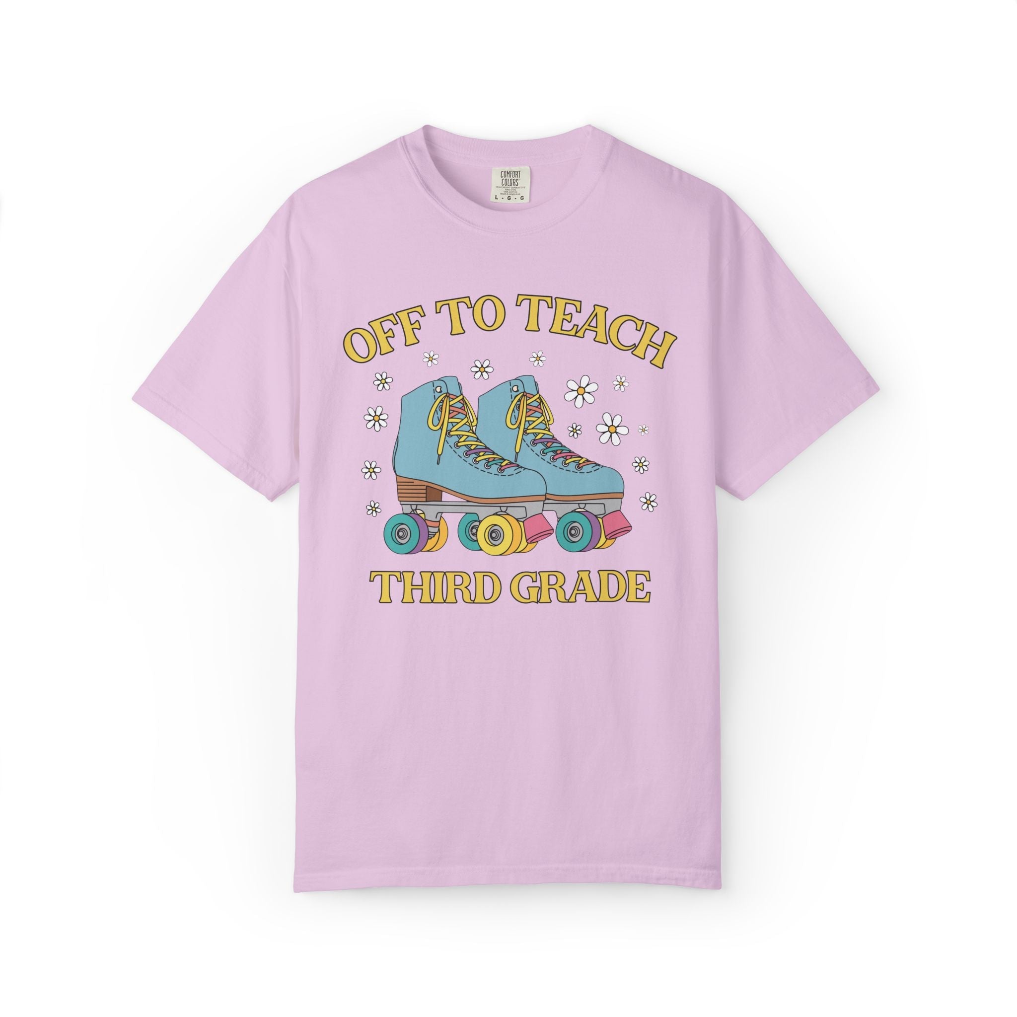 Off to Teach Rollerskating Teacher Tee Shirt with Groovy Flowers: Cute Nostalgic Matching Teacher Tee for Back to School, New Teacher Gift - Opal and June