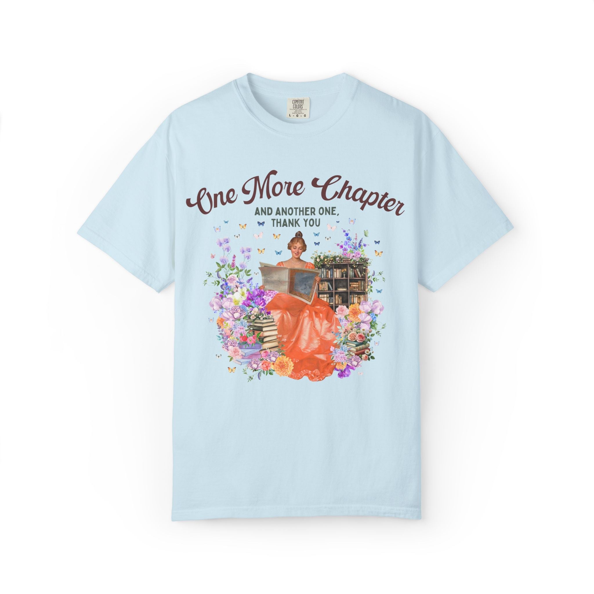 One More Chapter Art History Tee Shirt with Painting of Woman Reading, Floral Fairycore T-Shirt with Butterflies, Cute Bookworm Tee for Her - Opal and June