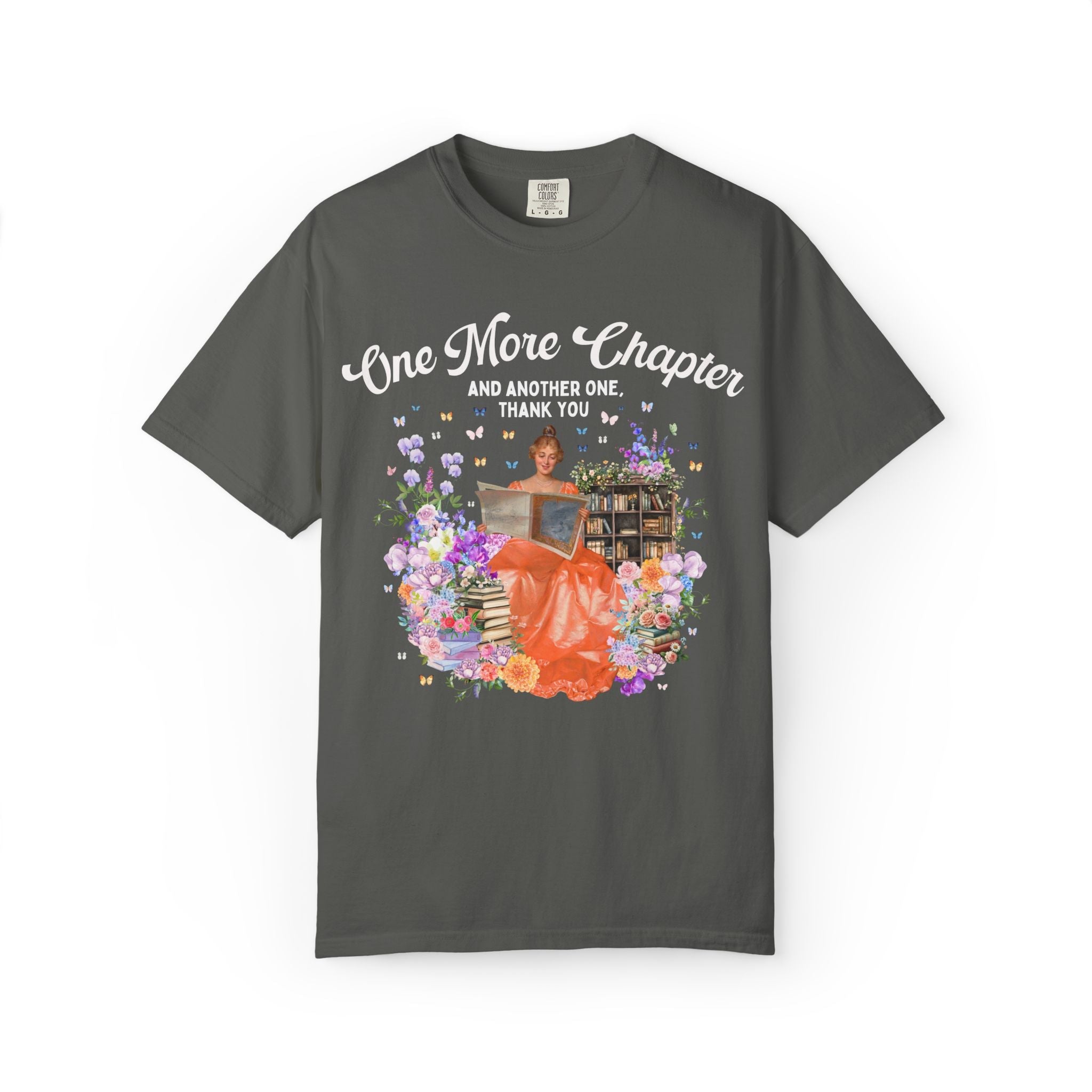 One More Chapter Art History Tee Shirt with Painting of Woman Reading, Floral Fairycore T-Shirt with Butterflies, Cute Bookworm Tee for Her - Opal and June