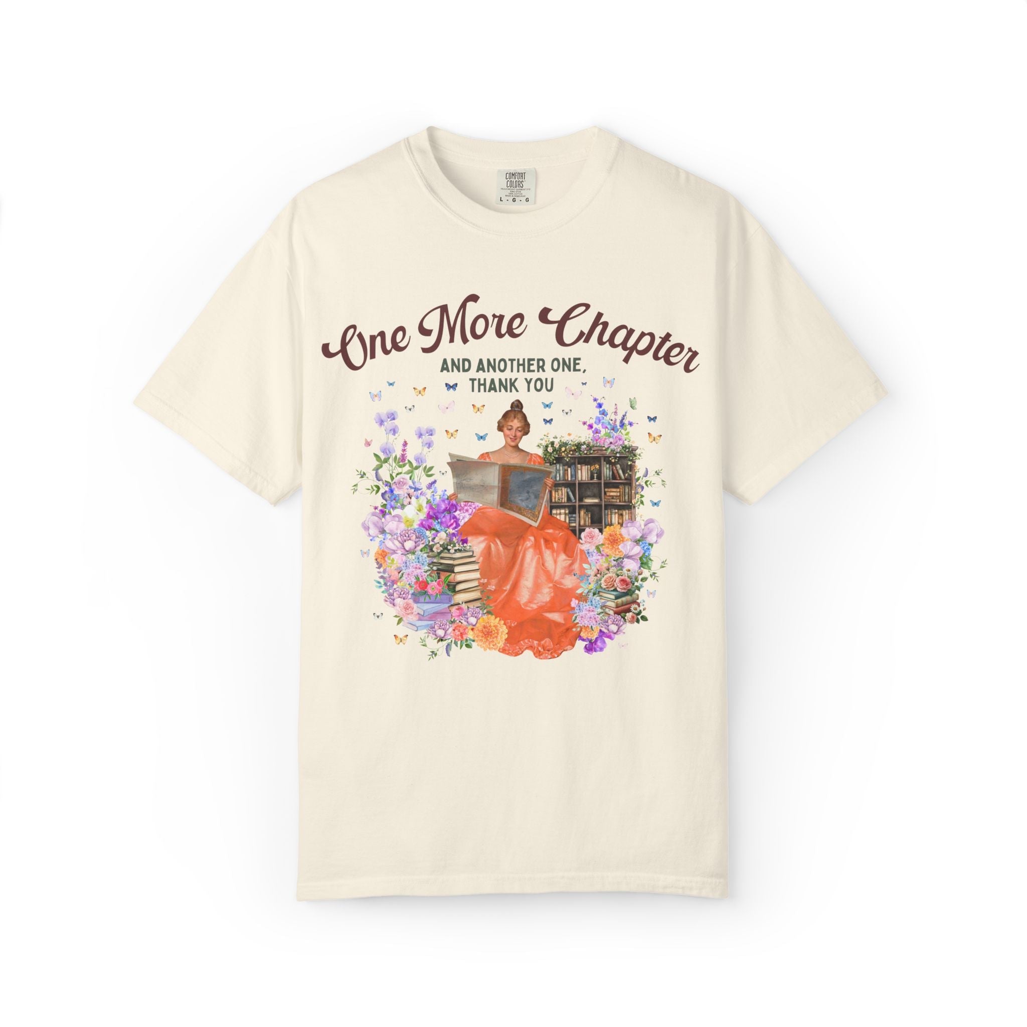 One More Chapter Art History Tee Shirt with Painting of Woman Reading, Floral Fairycore T-Shirt with Butterflies, Cute Bookworm Tee for Her - Opal and June