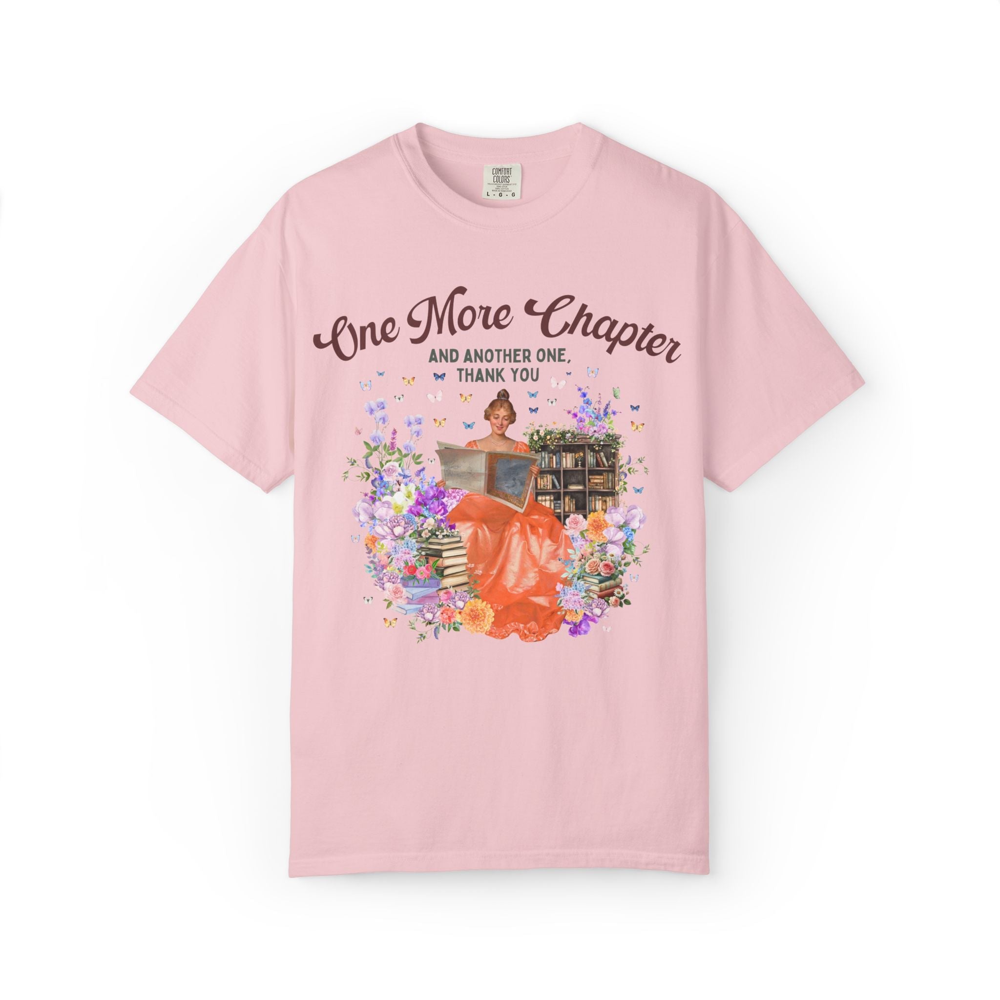 One More Chapter Art History Tee Shirt with Painting of Woman Reading, Floral Fairycore T-Shirt with Butterflies, Cute Bookworm Tee for Her - Opal and June