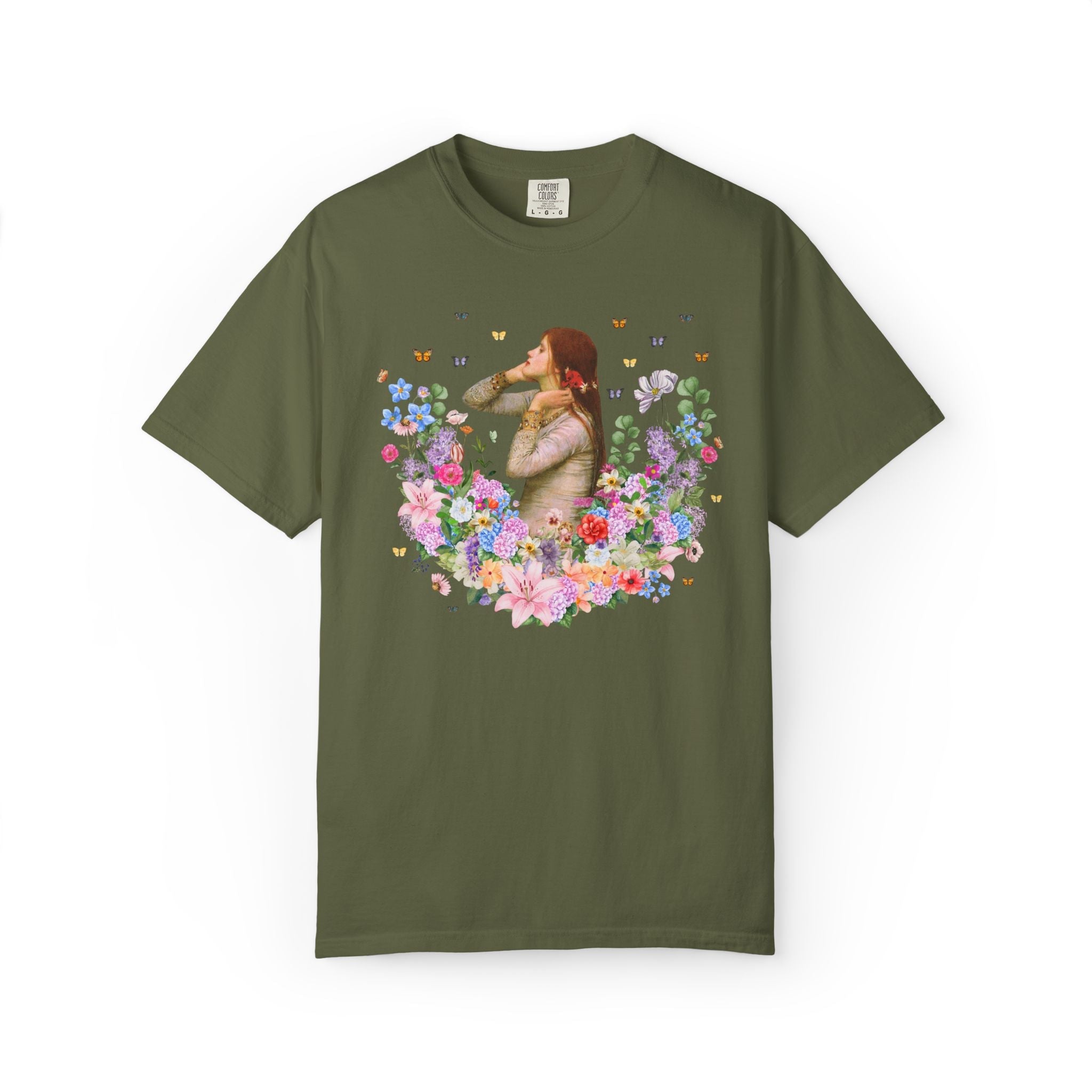 Ophelia by John William Waterhouse: Art History Tee Shirt for Book Lover, William Shakespeare Hamlet English Teacher T-Shirt with Flowers - Opal and June