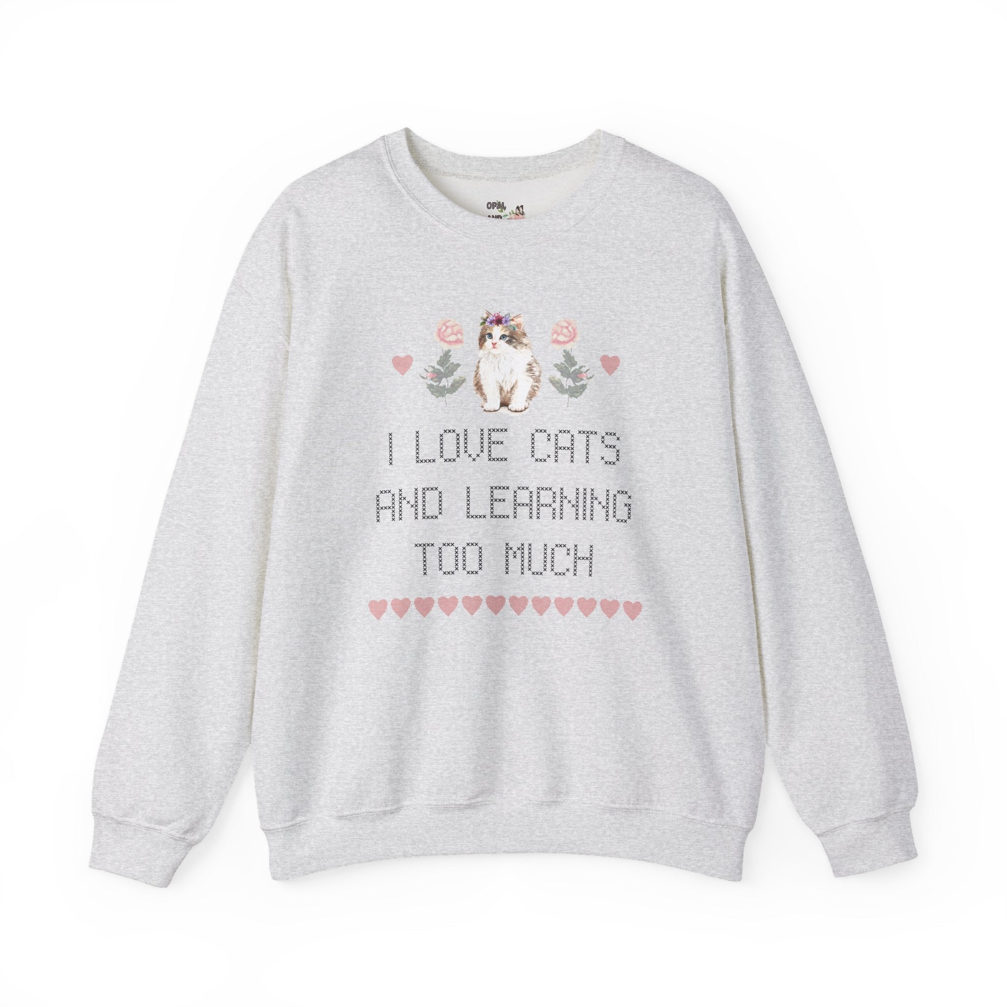 Over-Educated Feminist: Sweatshirt for Under-Loved Millennial Cat Lovers | Cute Women's Rights Sweatshirt, Retro Cross Stitch Style - Opal and June