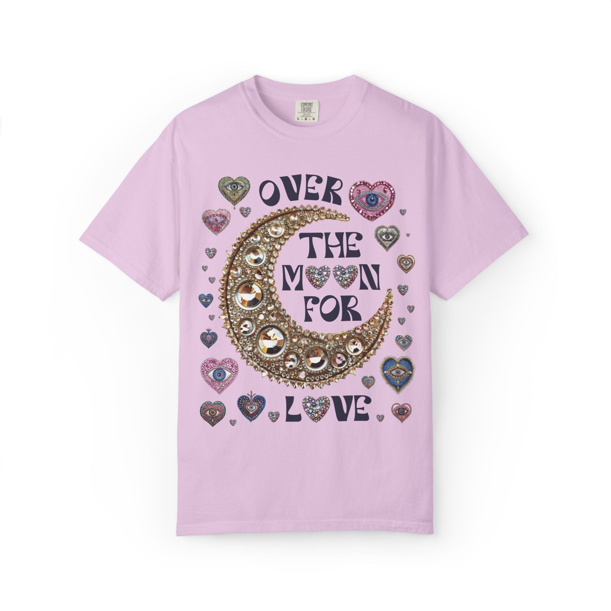 Over the Moon for Love: Silly and Nostalgiic Bachelorette Tee Shirt, Funny Newly Engaged Bride Shirt, Kitschy Celestial Magic Maximalist Tee - Opal and June