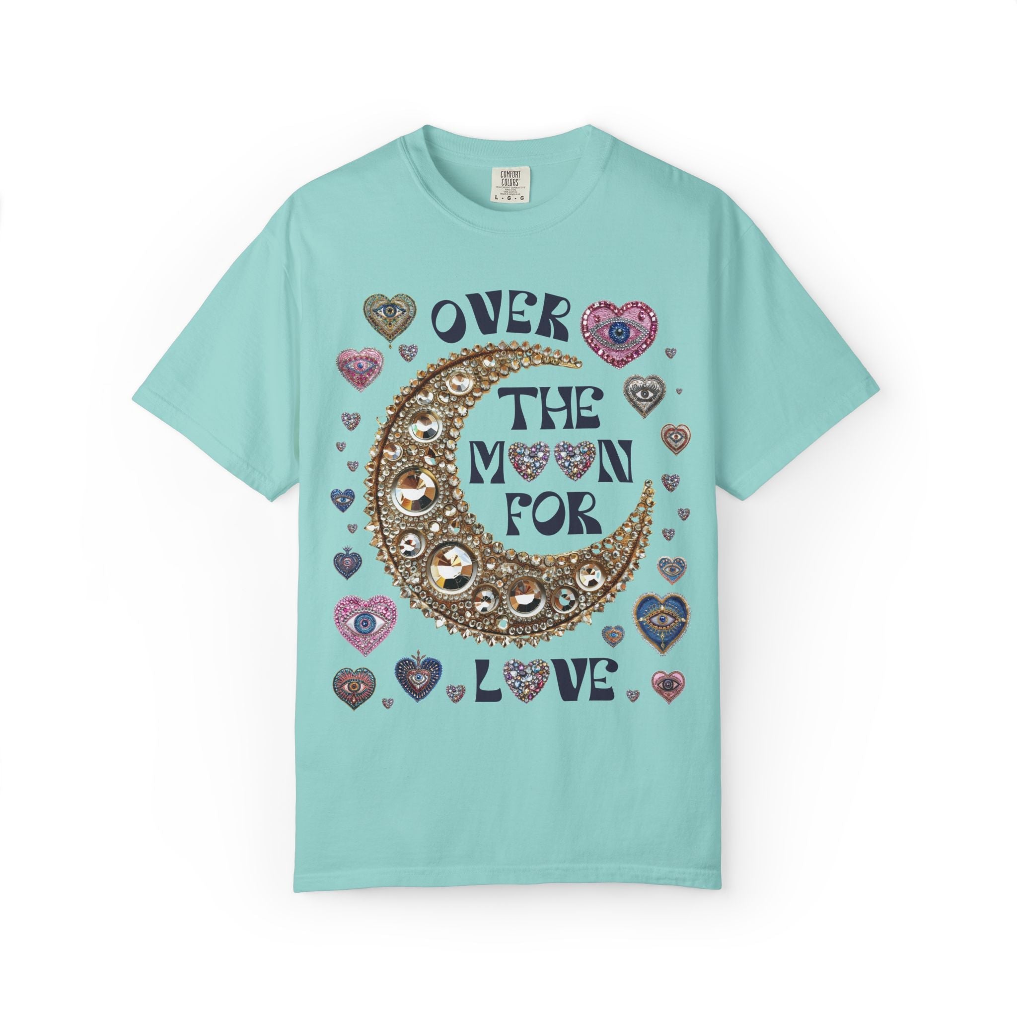Over the Moon for Love: Silly and Nostalgiic Bachelorette Tee Shirt, Funny Newly Engaged Bride Shirt, Kitschy Celestial Magic Maximalist Tee - Opal and June