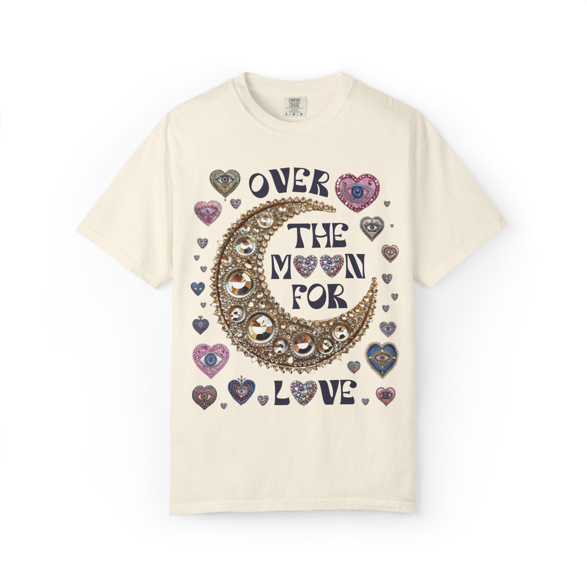Over the Moon for Love: Silly and Nostalgiic Bachelorette Tee Shirt, Funny Newly Engaged Bride Shirt, Kitschy Celestial Magic Maximalist Tee - Opal and June