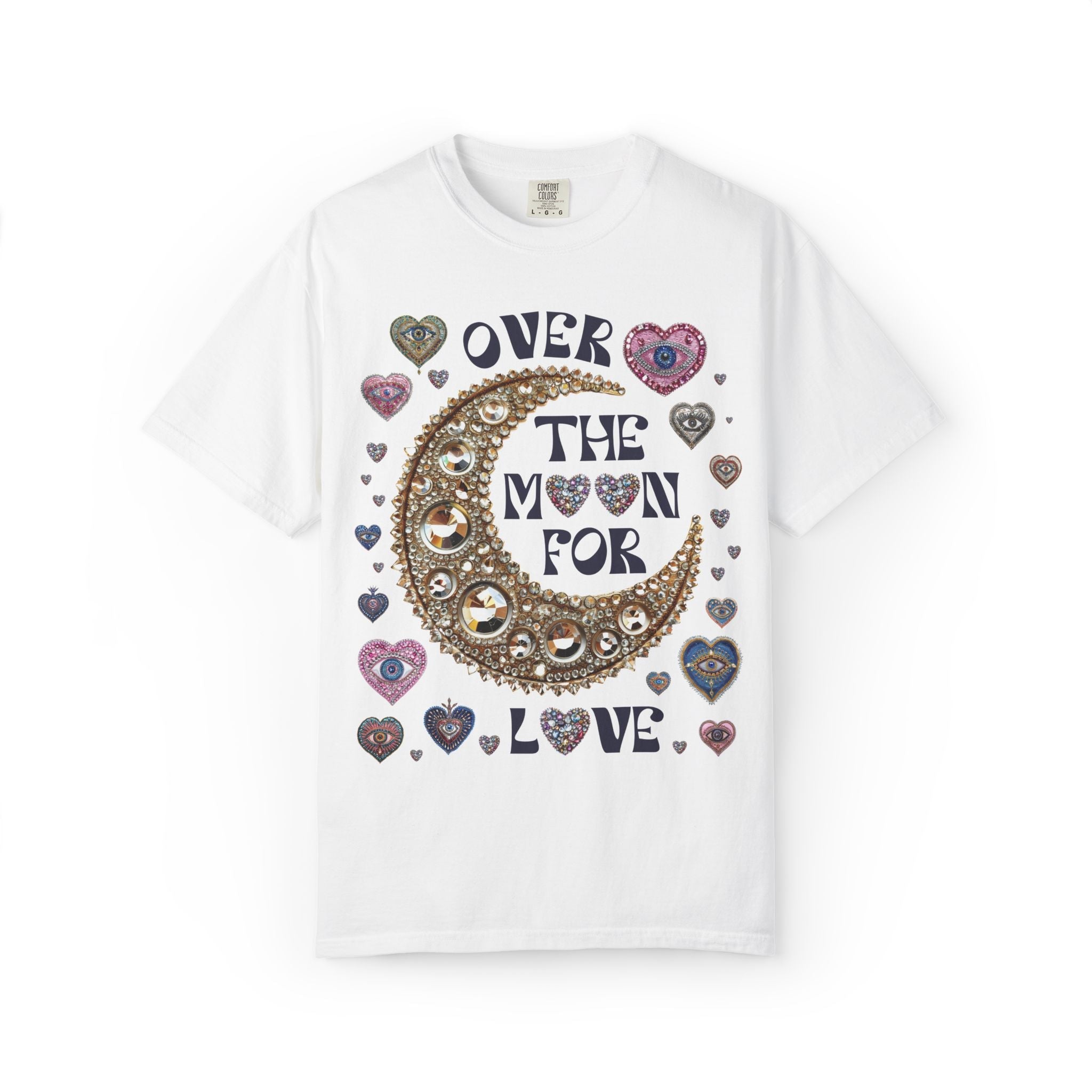 Over the Moon for Love: Silly and Nostalgiic Bachelorette Tee Shirt, Funny Newly Engaged Bride Shirt, Kitschy Celestial Magic Maximalist Tee - Opal and June
