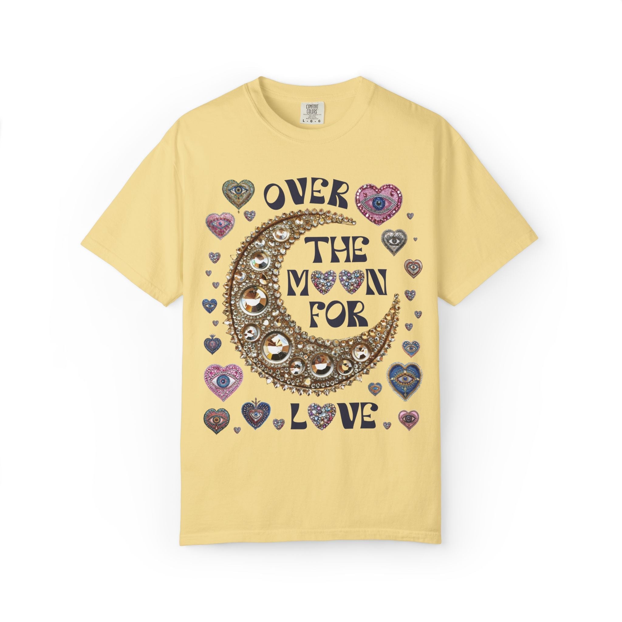 Over the Moon for Love: Silly and Nostalgiic Bachelorette Tee Shirt, Funny Newly Engaged Bride Shirt, Kitschy Celestial Magic Maximalist Tee - Opal and June