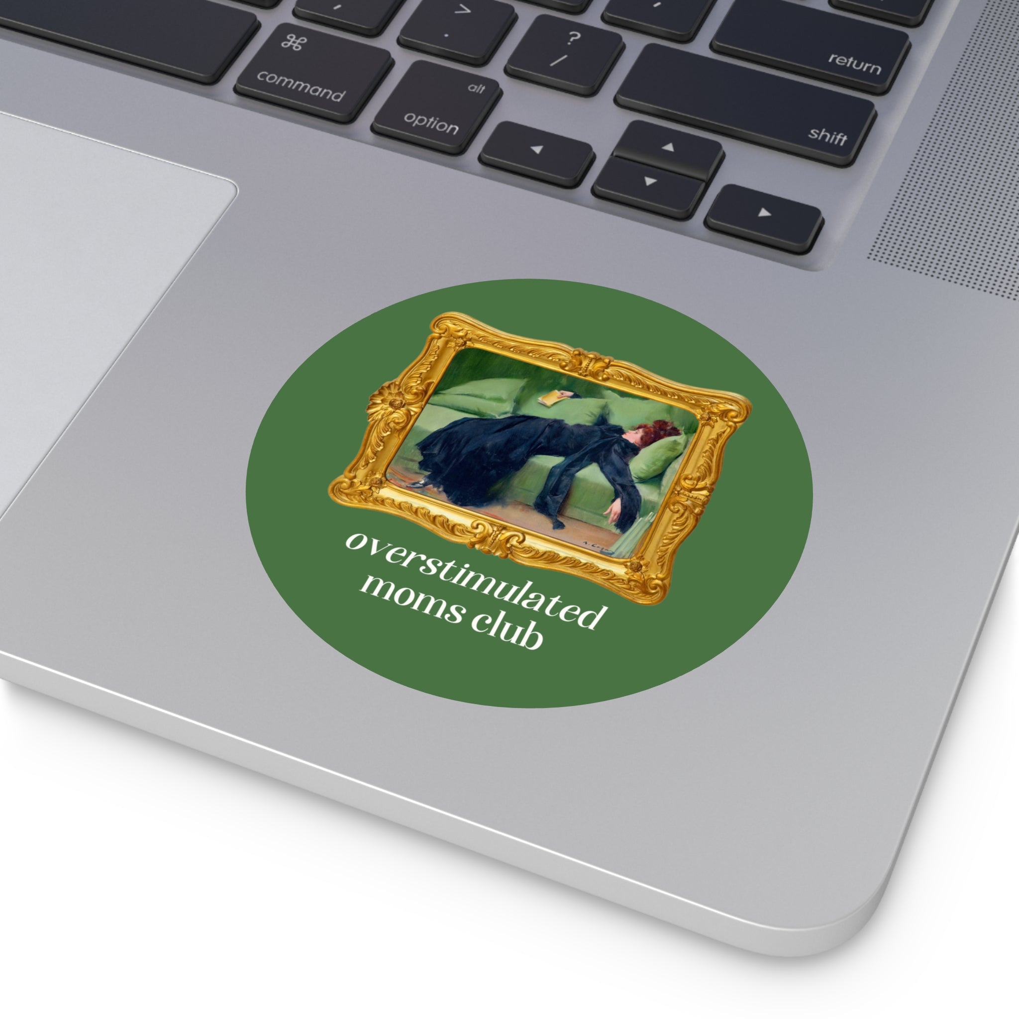 Overstimulated Moms Club Sticker: Funny Saying Mother's Day Gift, New Mama or Mom of Twins Sticker, Cute Bookish Gift, Ramon Casas Painting - Opal and June