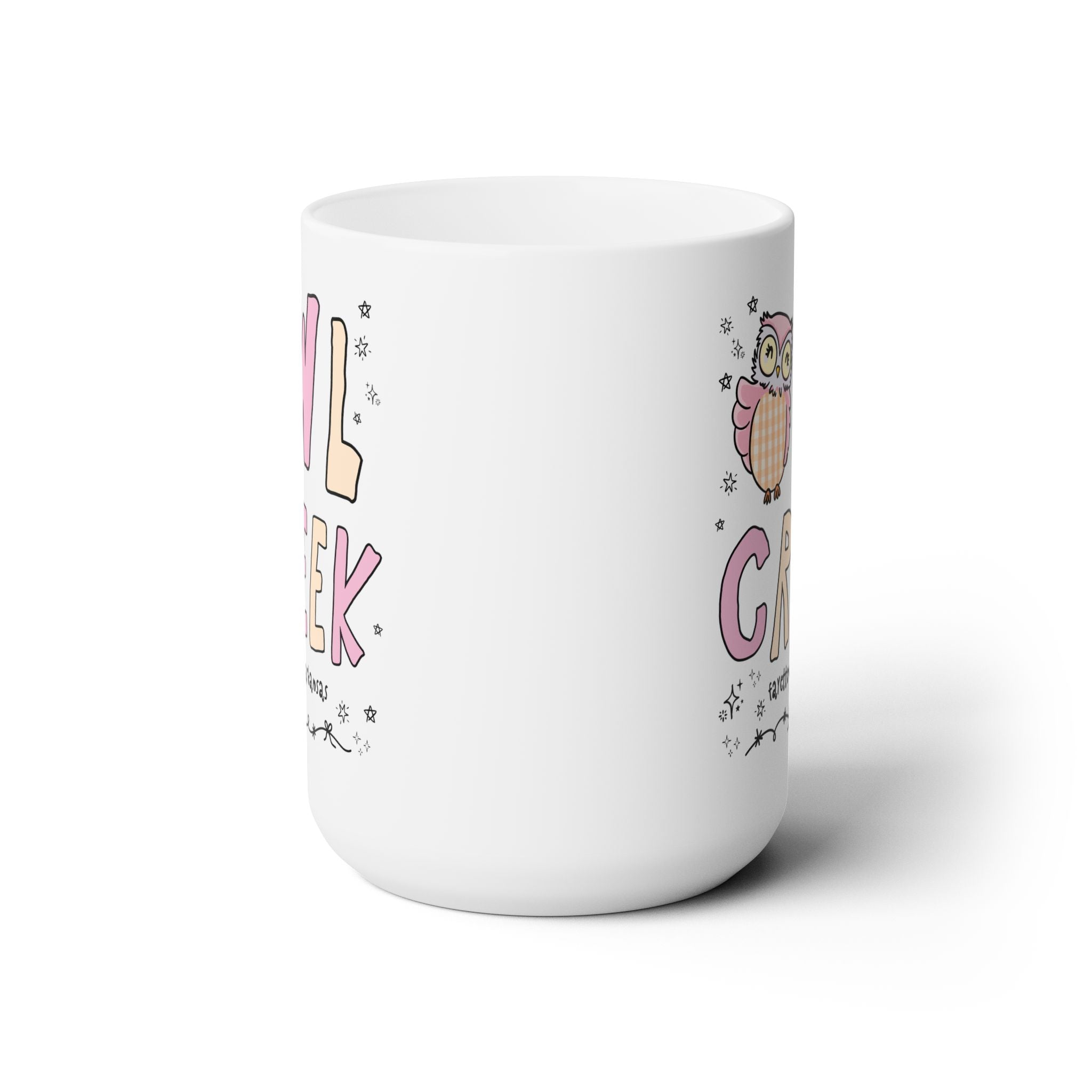 Owl Creek 15 Oz Coffee Mug: Pink and Beige Letters - Opal and June