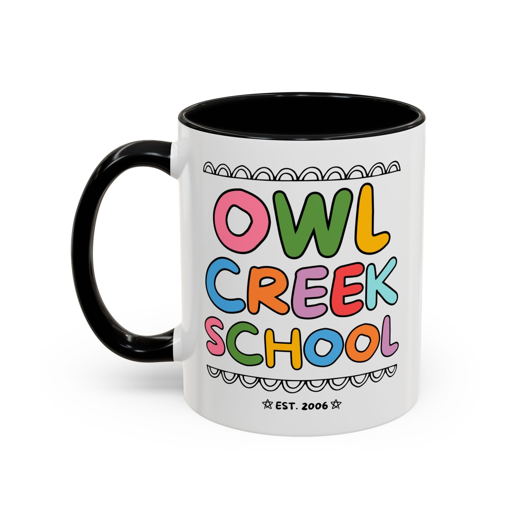 Owl Creek Elementary School 11 Oz Coffee Mug: Rainbow Letters - Opal and June