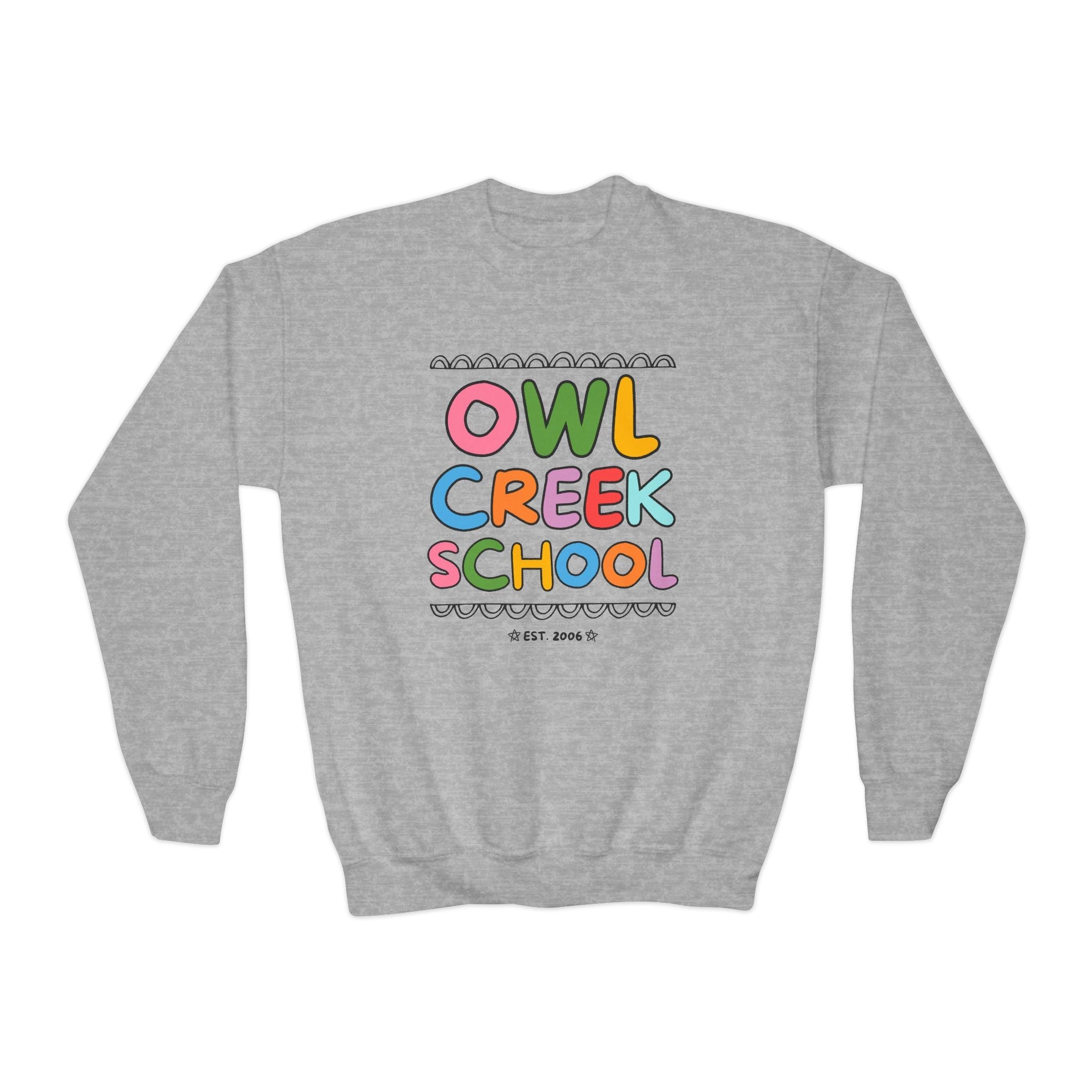 Owl Creek Elementary School Kids Sweatshirt: Rainbow Letters - Opal and June