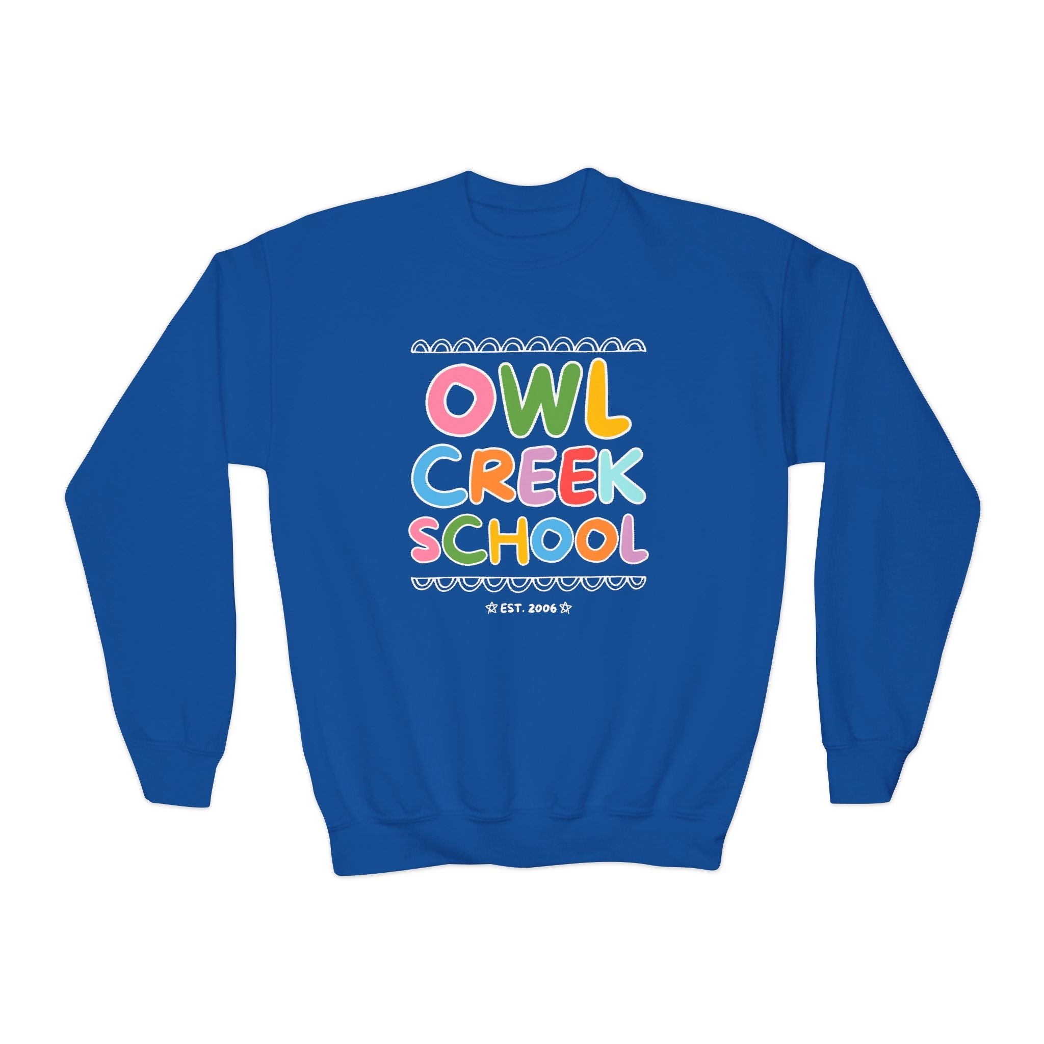 Owl Creek Elementary School Kids Sweatshirt: Rainbow Letters - Opal and June