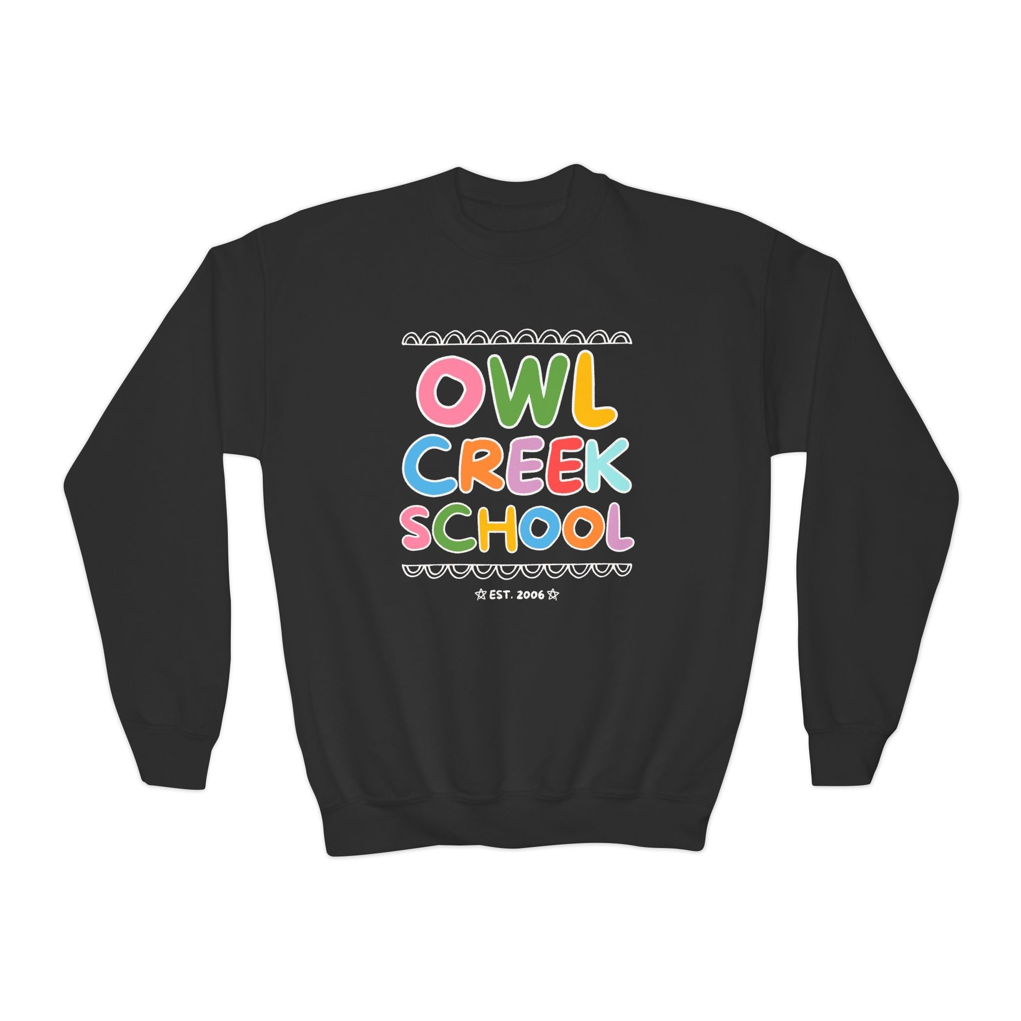 Owl Creek Elementary School Kids Sweatshirt: Rainbow Letters - Opal and June