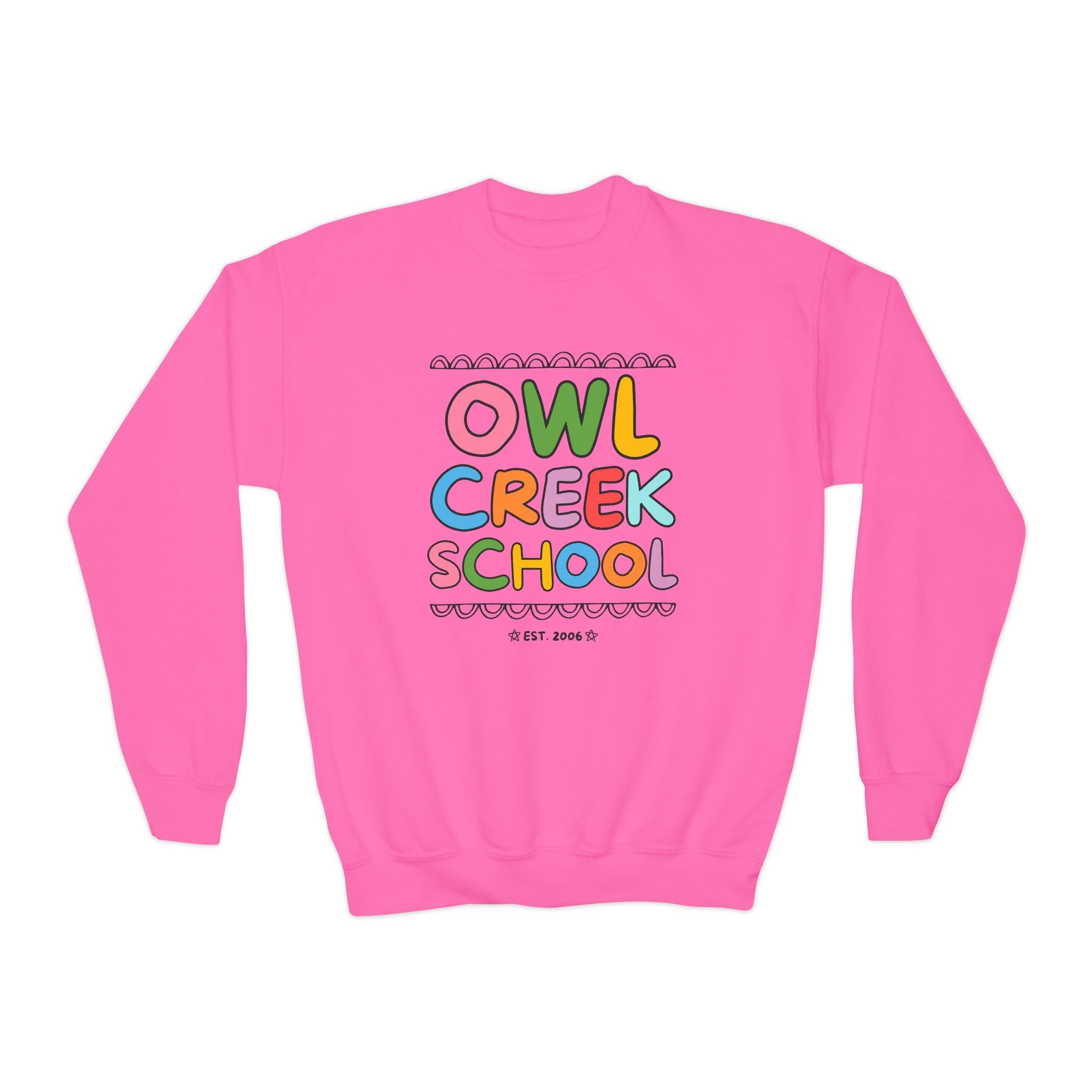 Owl Creek Elementary School Kids Sweatshirt: Rainbow Letters - Opal and June