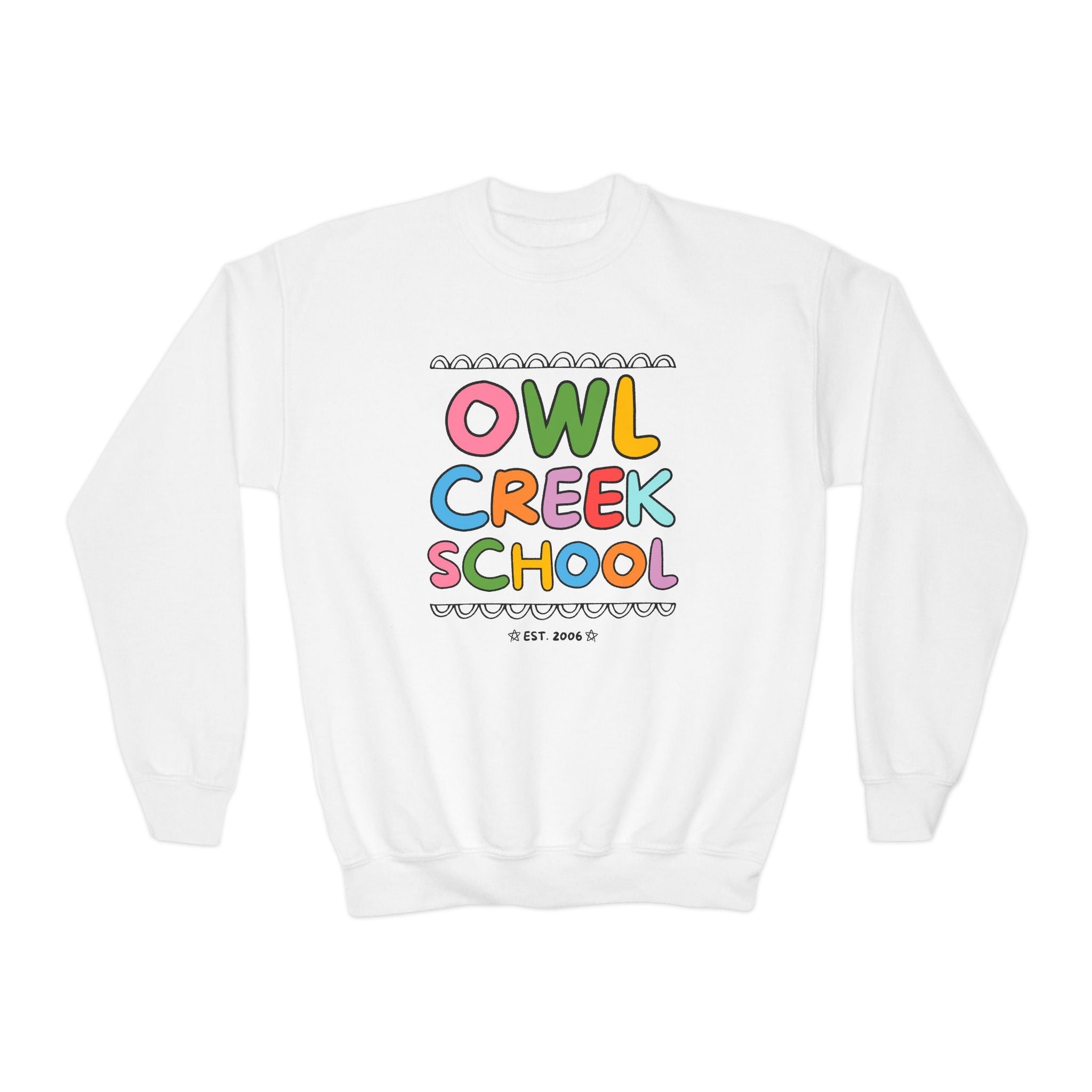 Owl Creek Elementary School Kids Sweatshirt: Rainbow Letters - Opal and June