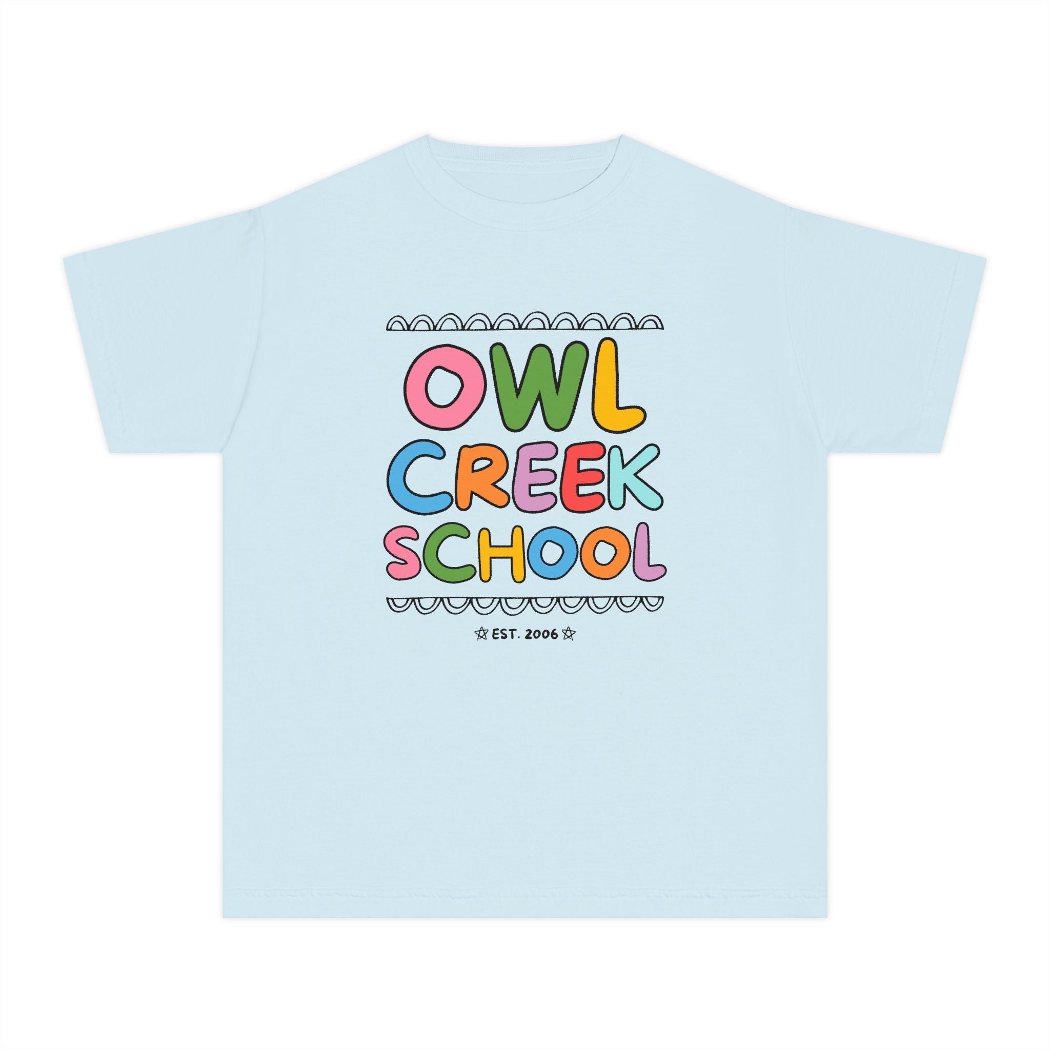 Owl Creek Elementary School Kids Tee Shirt: Rainbow Letters - Opal and June