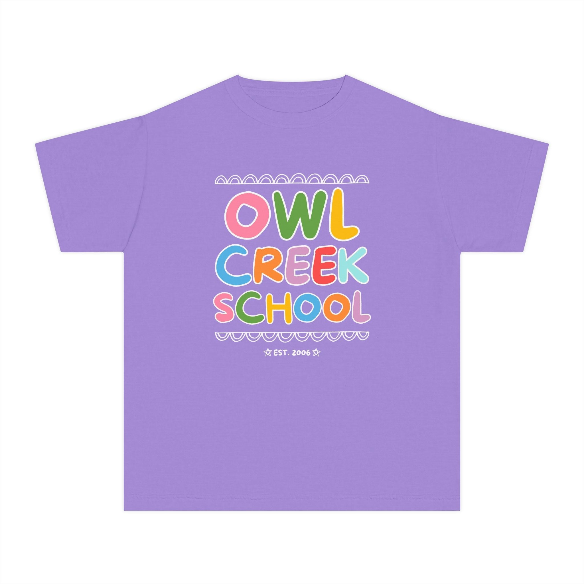 Owl Creek Elementary School Kids Tee Shirt: Rainbow Letters - Opal and June