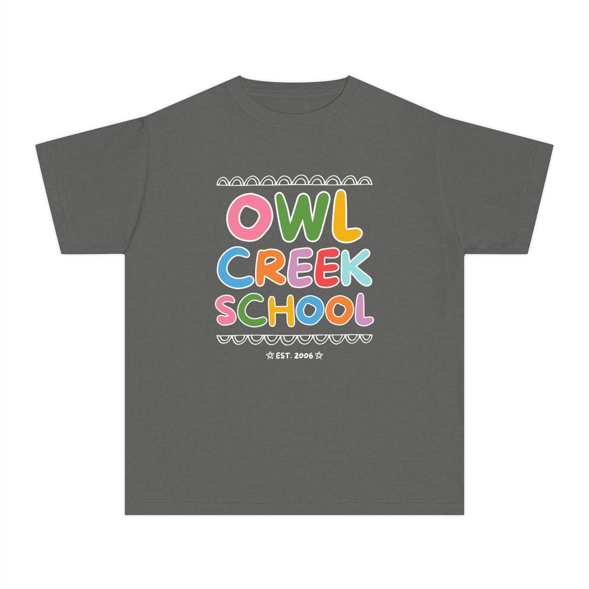 Owl Creek Elementary School Kids Tee Shirt: Rainbow Letters - Opal and June
