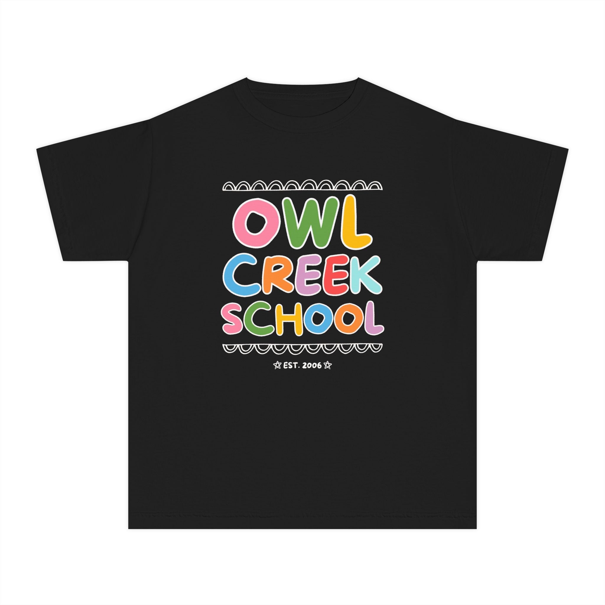 Owl Creek Elementary School Kids Tee Shirt: Rainbow Letters - Opal and June