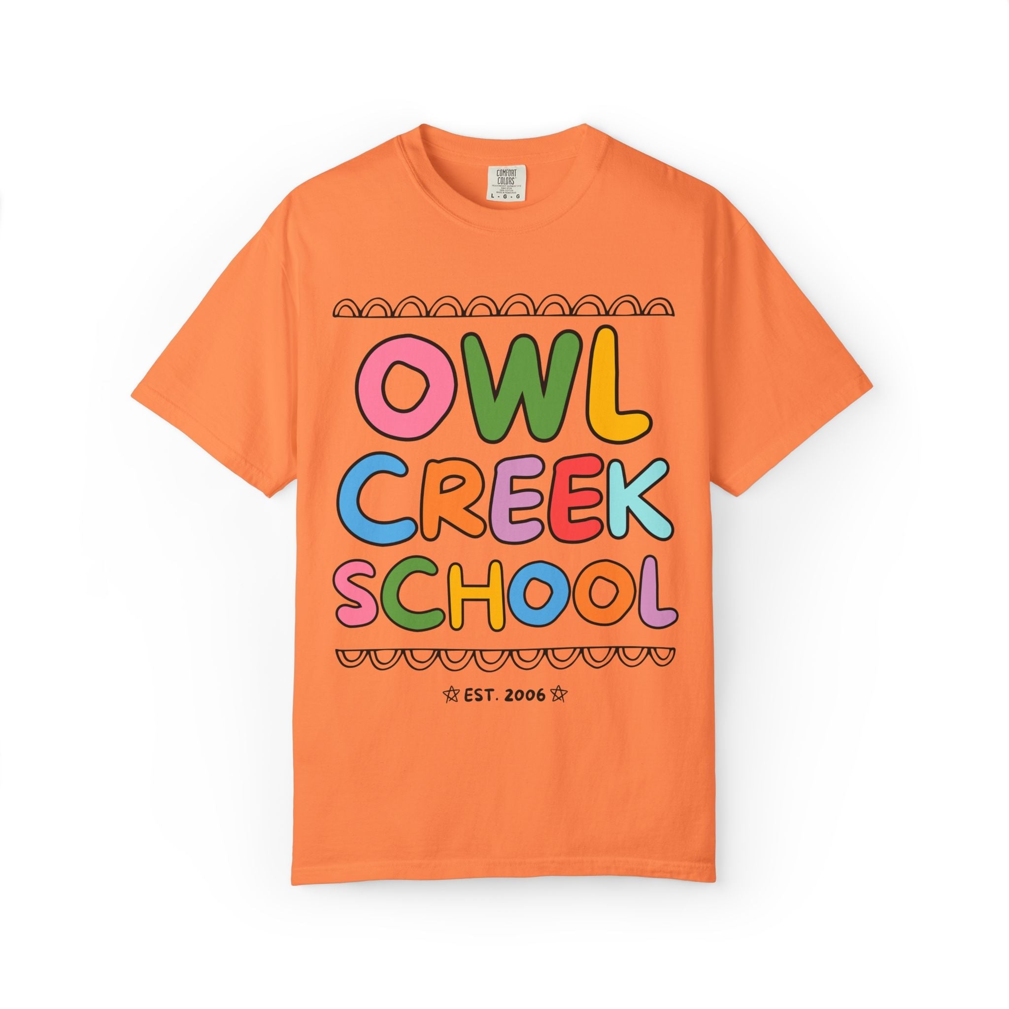 Owl Creek Elementary School Tee Shirt: Rainbow Letters - Opal and June