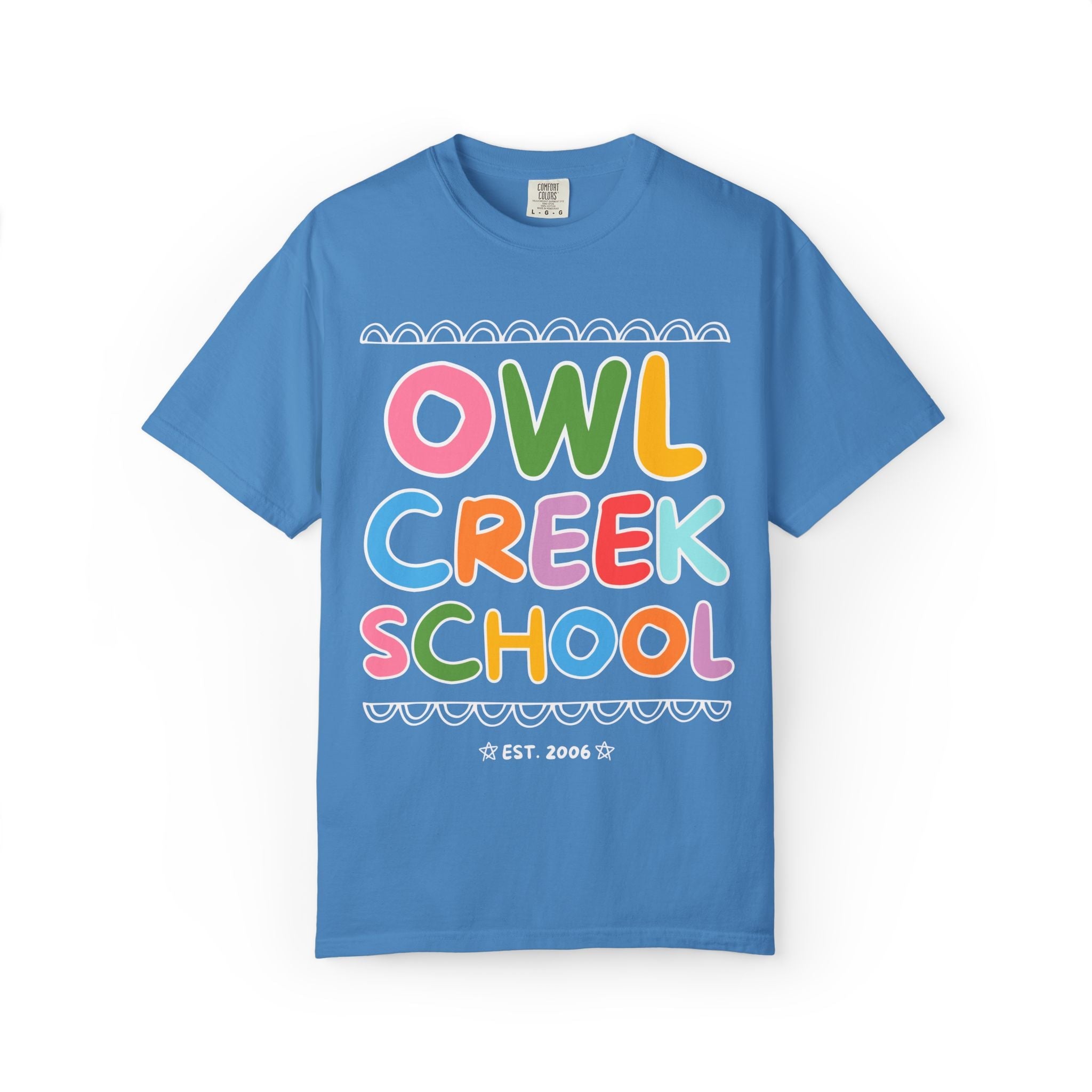 Owl Creek Elementary School Tee Shirt: Rainbow Letters - Opal and June